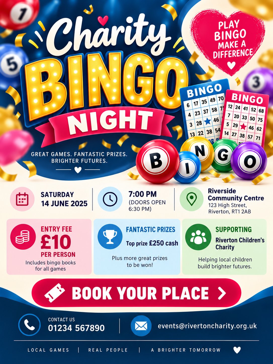 Design a professional charity bingo event flyer for “[EVENT NAME].”

Create a polished community-eve — AI image prompt — GPT Image 2.5