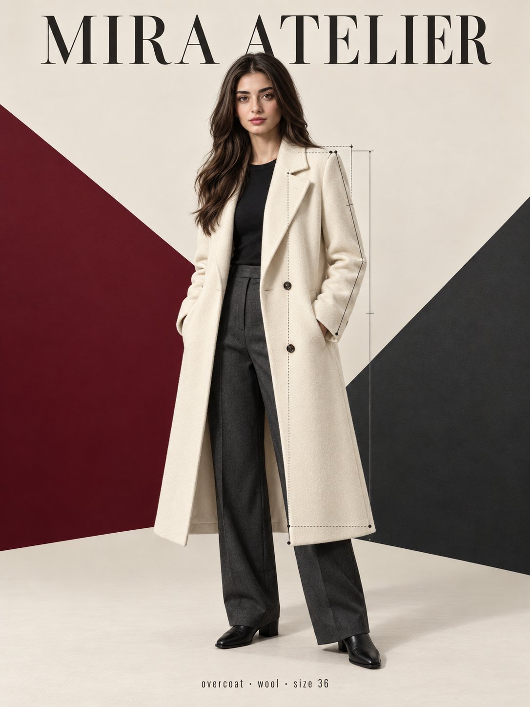 Vertical clothing-brand poster of a girl in her early twenties wearing an ivory wool overcoat by MIR — AI image prompt — GPT Image 2.5