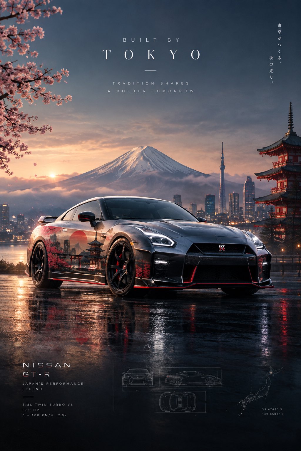 [CAR MODEL]をフィーチャーしたプレミアムなシネマティック・オートモーティブポスターを制作する。まるでその車が[CITY/COUNTRY]のビジュアルアイデンティティから生まれたかのようにデザ — AI image prompt — GPT Image 2.5