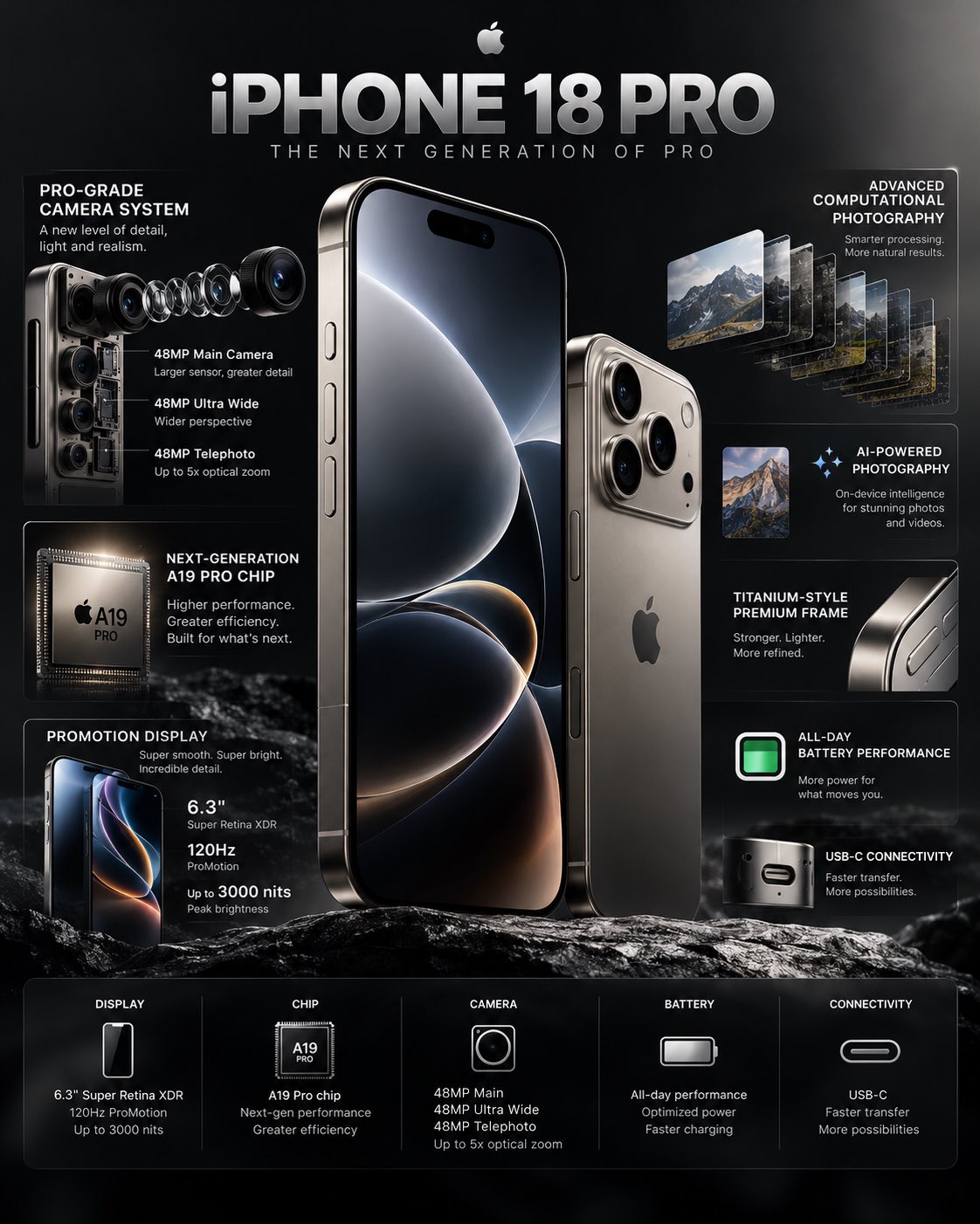Create a premium, photorealistic 4K technology infographic showcasing the iPhone 18 Pro as the hero  — AI image prompt — GPT Image 2.5