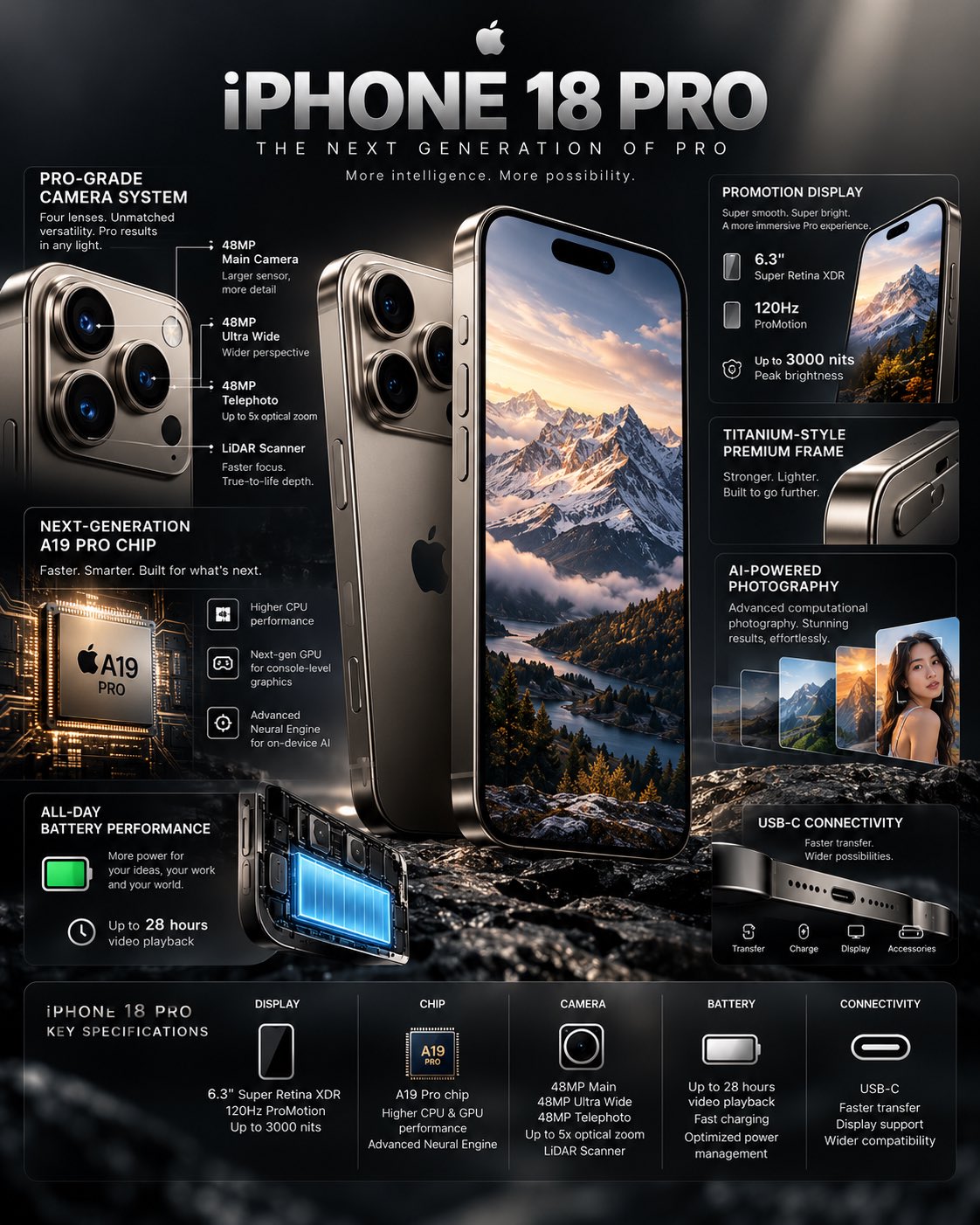 iPhone 18 Pro Tech Infographic — AI image prompt — GPT Image 2.5 — Infographic, Product Photography, Minimalist - 2