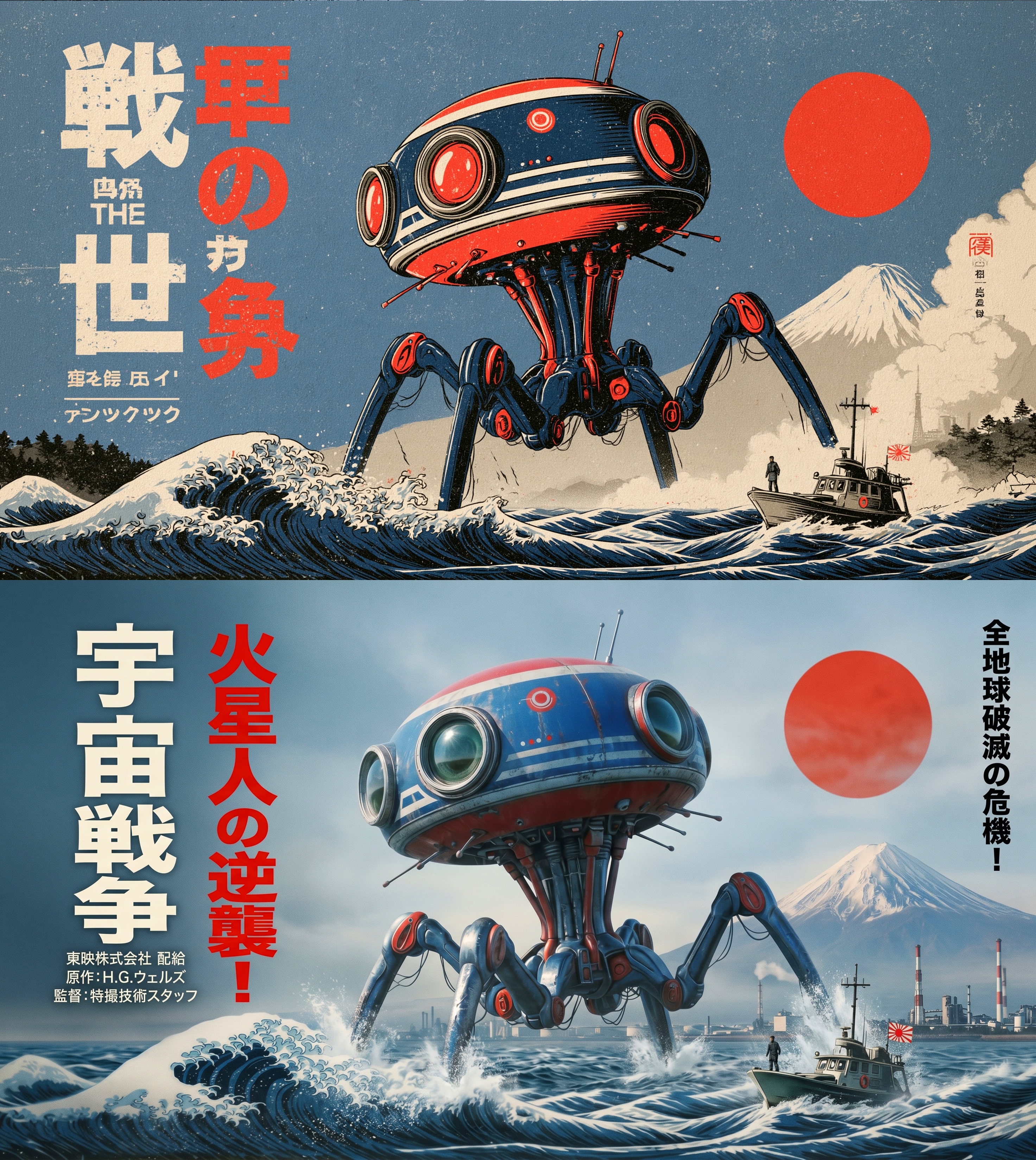 Japanese War of the Worlds movie poster --ar 16:9 --raw --sref 229435892 --sw 100 --stylize 300 --hd — AI image prompt — Nano Banana