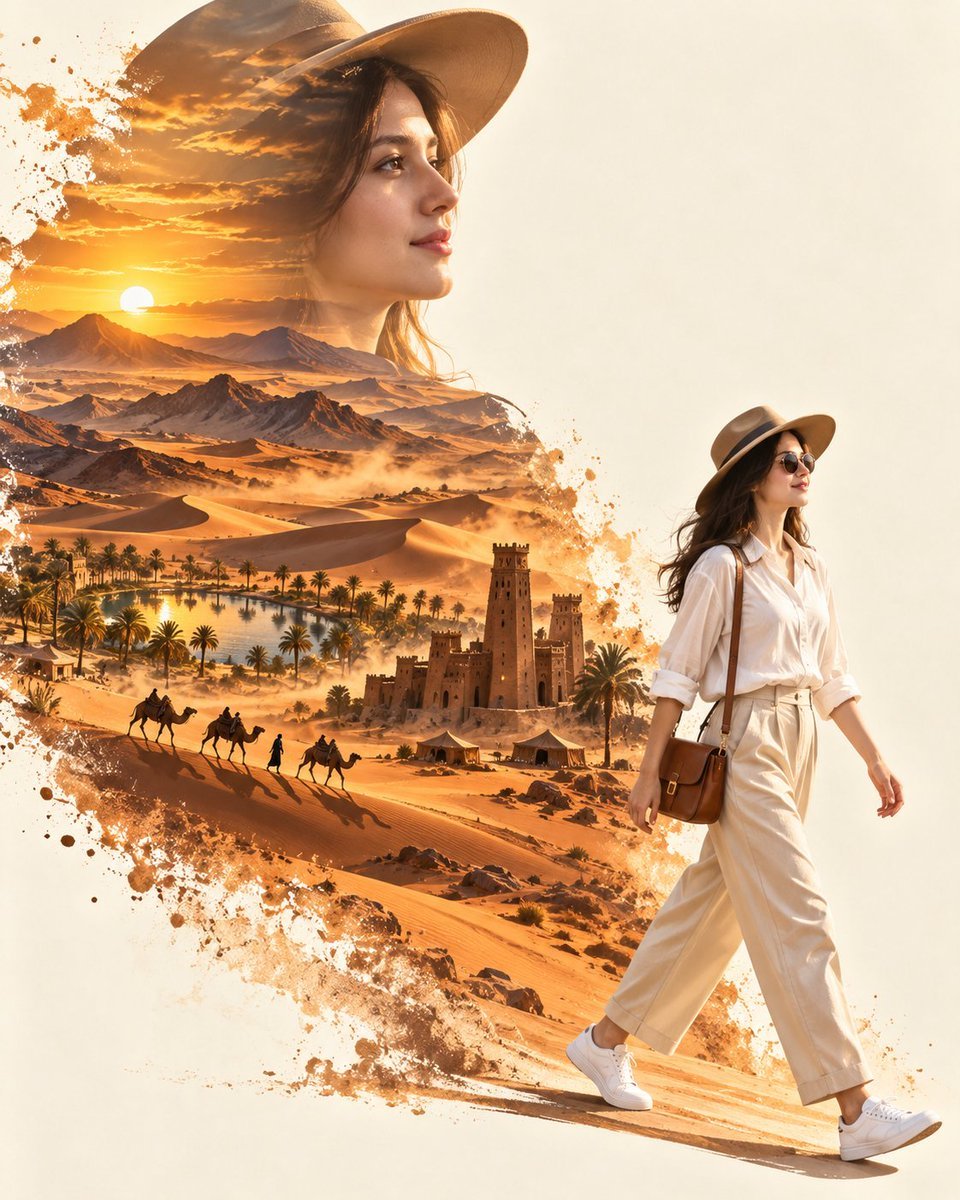 Cinematic Double Exposure Desert Travel Poster — AI image prompt — GPT Image 2.5 — Cinematic, Fashion, Landscape