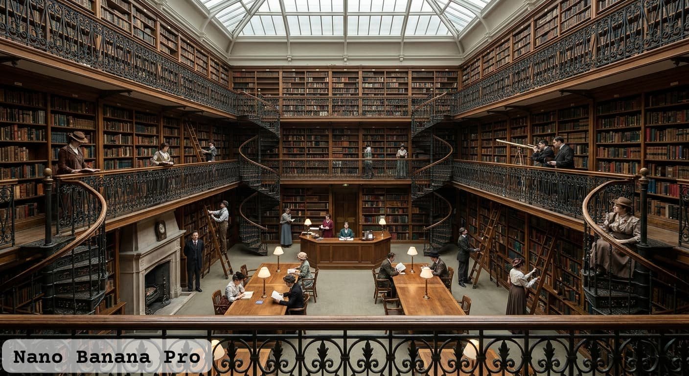 24명이 있는 빅토리아 도서관 — AI image prompt — Nano Banana Pro — Historical, Cinematic, Architecture - 2