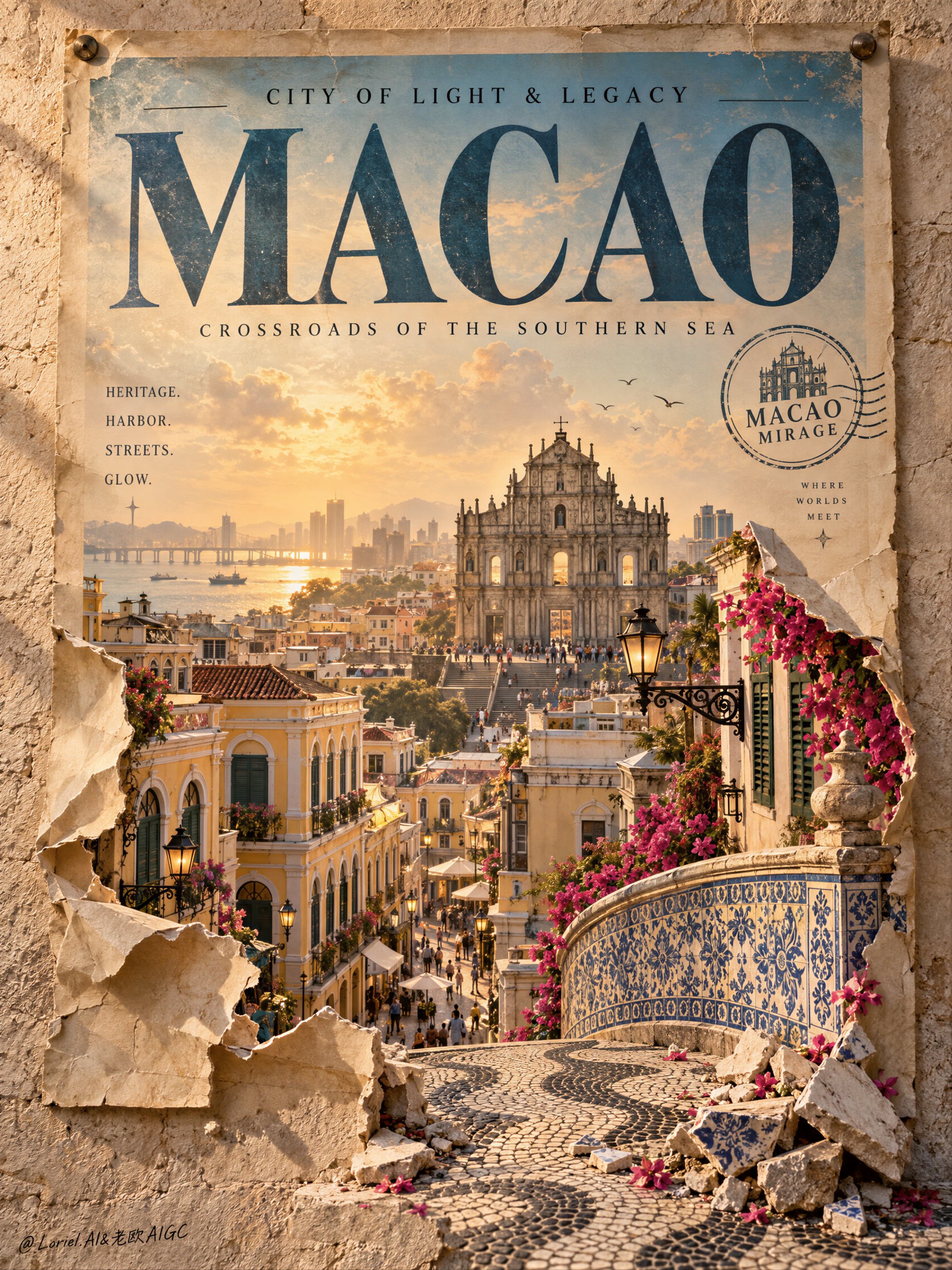 Create a Cannes-level premium travel poster ad for fictional destination campaign brand MACAO MIRAGE — AI image prompt — GPT Image 2.5