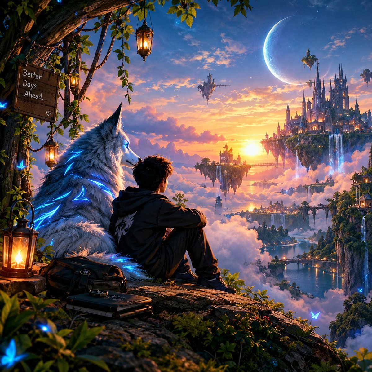 夕暮れ時の、息をのむほど美しく、これまでに見たことのない映画的なファンタジー世界。黒いパーカーを着た神秘的な若い旅人が、電気のように青く光る紋様と輝く青い目を持つ雄大な白い狼のそばで、苔に覆われた巨大 — AI image prompt — GPT Image 2.5