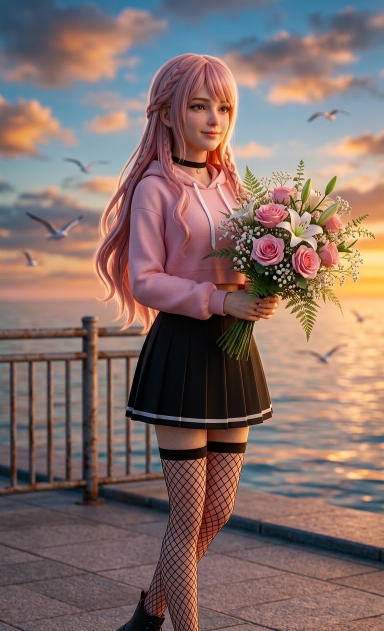 Anime Girl With Pink Roses at Sunset — AI image prompt — GPT Image 2.5 — Anime, Cinematic, Portrait