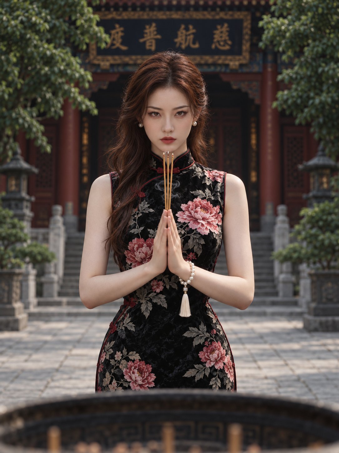 Woman with incense at temple — AI image prompt — GPT Image 2.5 — Historical, Cinematic, Portrait