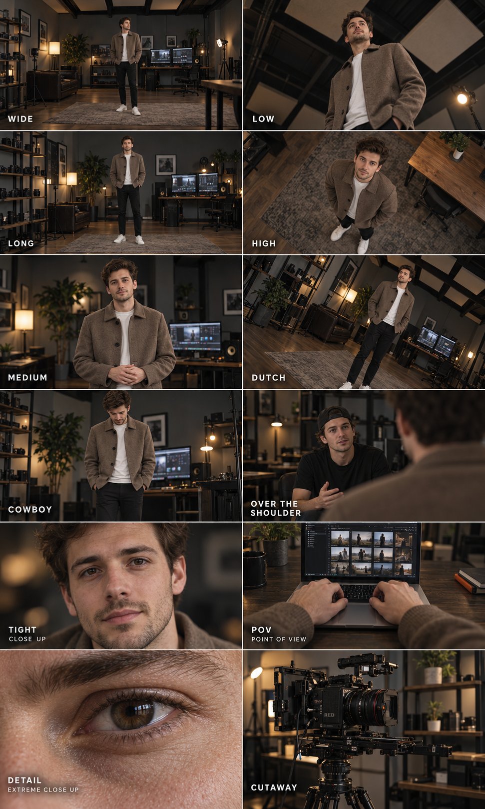 12 Camera Shots Cinematography Poster — AI image prompt — GPT Image 2.5 — Poster, Cinematic, Realistic