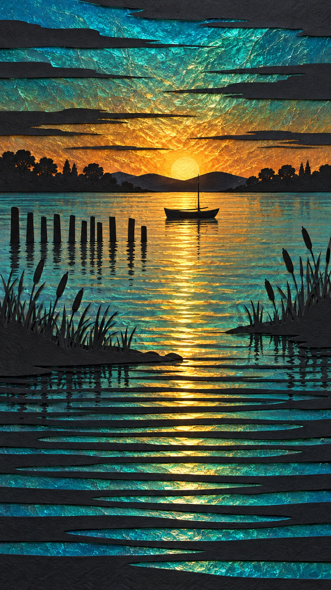 レイヤードペーパーの水上夕日 — AI image prompt — GPT Image 2.5 — Digital Art, Minimalist, Landscape - 1
