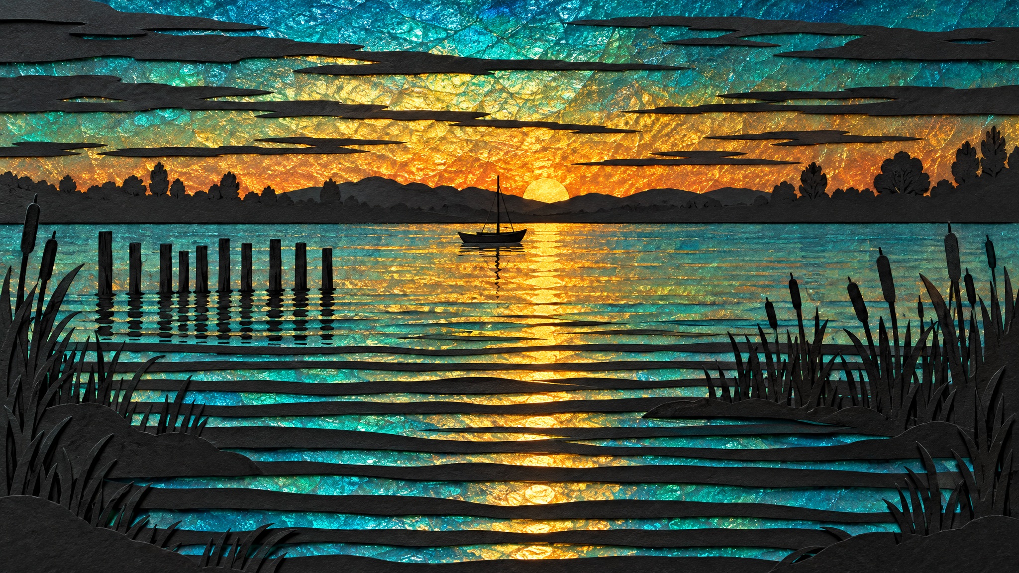 レイヤードペーパーの水上夕日 — AI image prompt — GPT Image 2.5 — Digital Art, Minimalist, Landscape - 2
