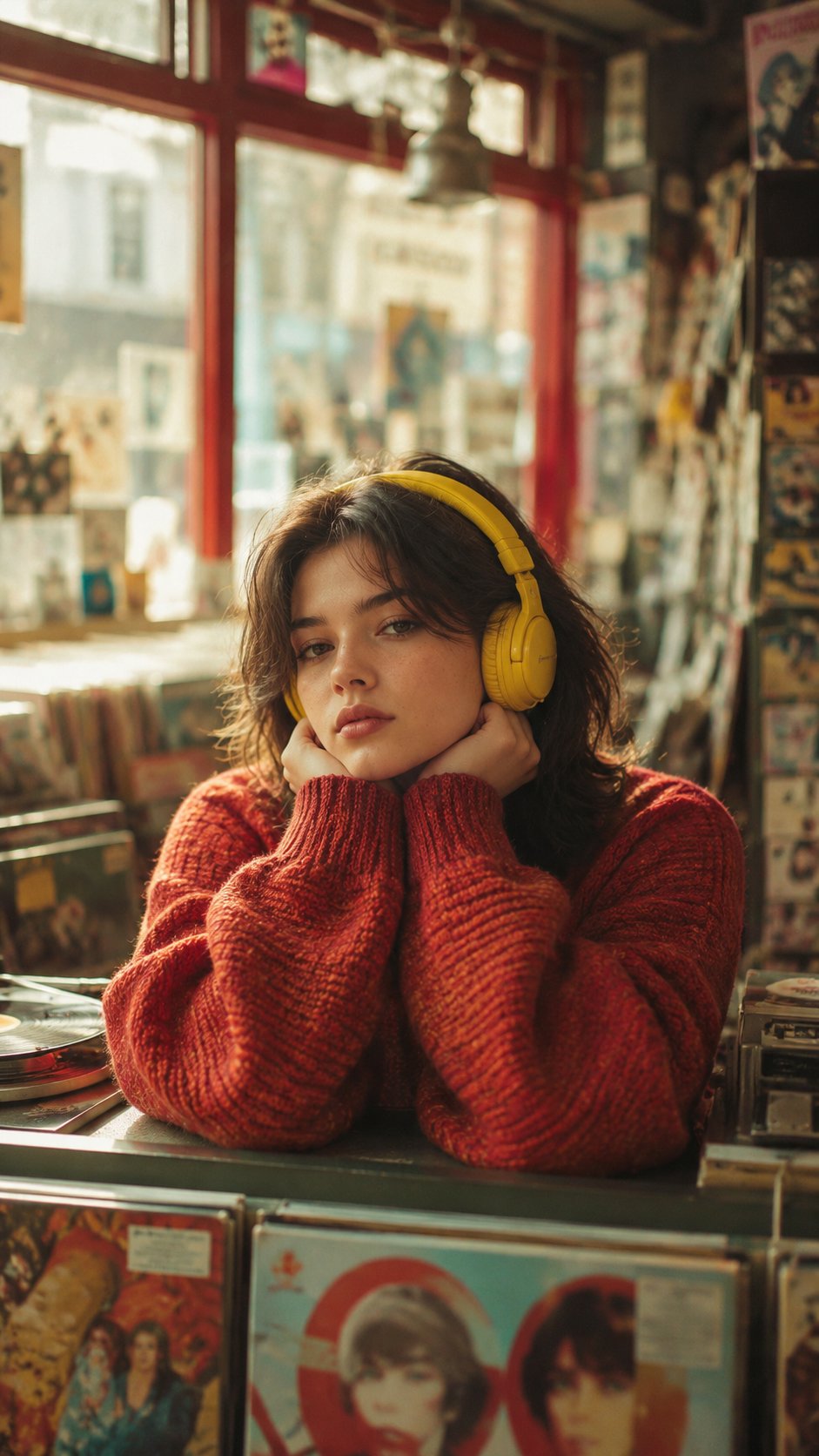 居心地の良いヴィンテージレコード店や小さな音楽ショップのカウンター越しに座る若い女性の、シネマティックな縦位置ポートレート写真を生成する。彼女はフレームの中央に位置し、両肘をカウンターに置いて前かがみ — AI image prompt — GPT Image 2.5