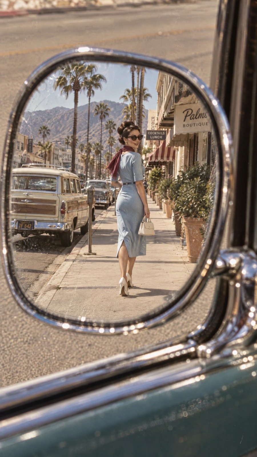 1960年代ヴィンテージ 車のミラーに映る女性 — AI image prompt — GPT Image 2.5 — Fashion, Vintage, Portrait - 2