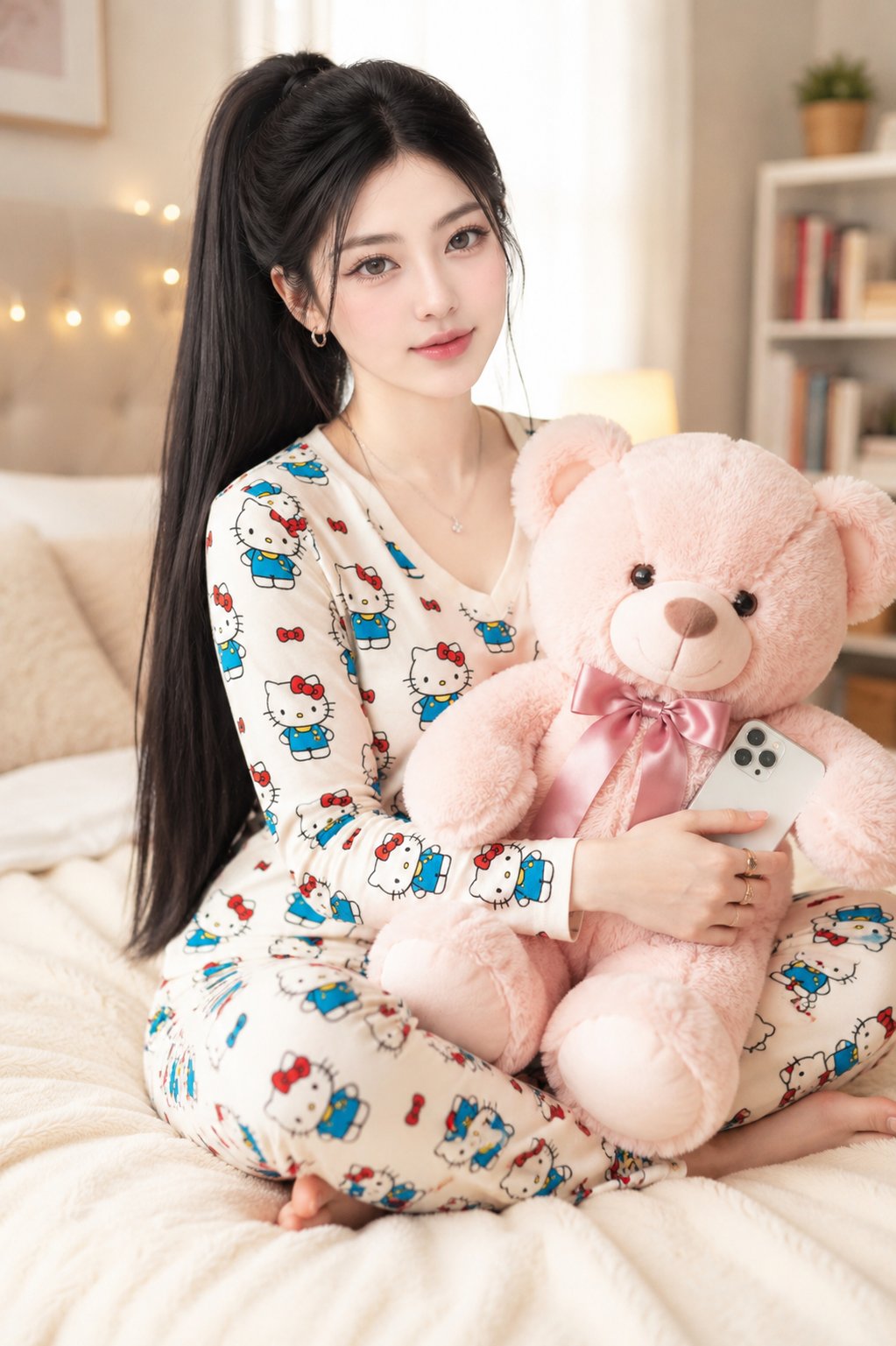 아늑하고 따뜻한 침실의 부드러운 크림색 침대 위에 책상다리를 하고 앉아 있는 아름다운 젊은 한국 여성을 생성했다. 그녀는 얼굴을 부드럽게 감싸는 잔머리와 함께 높은 포니테일로 스타 — AI image prompt — GPT Image 2