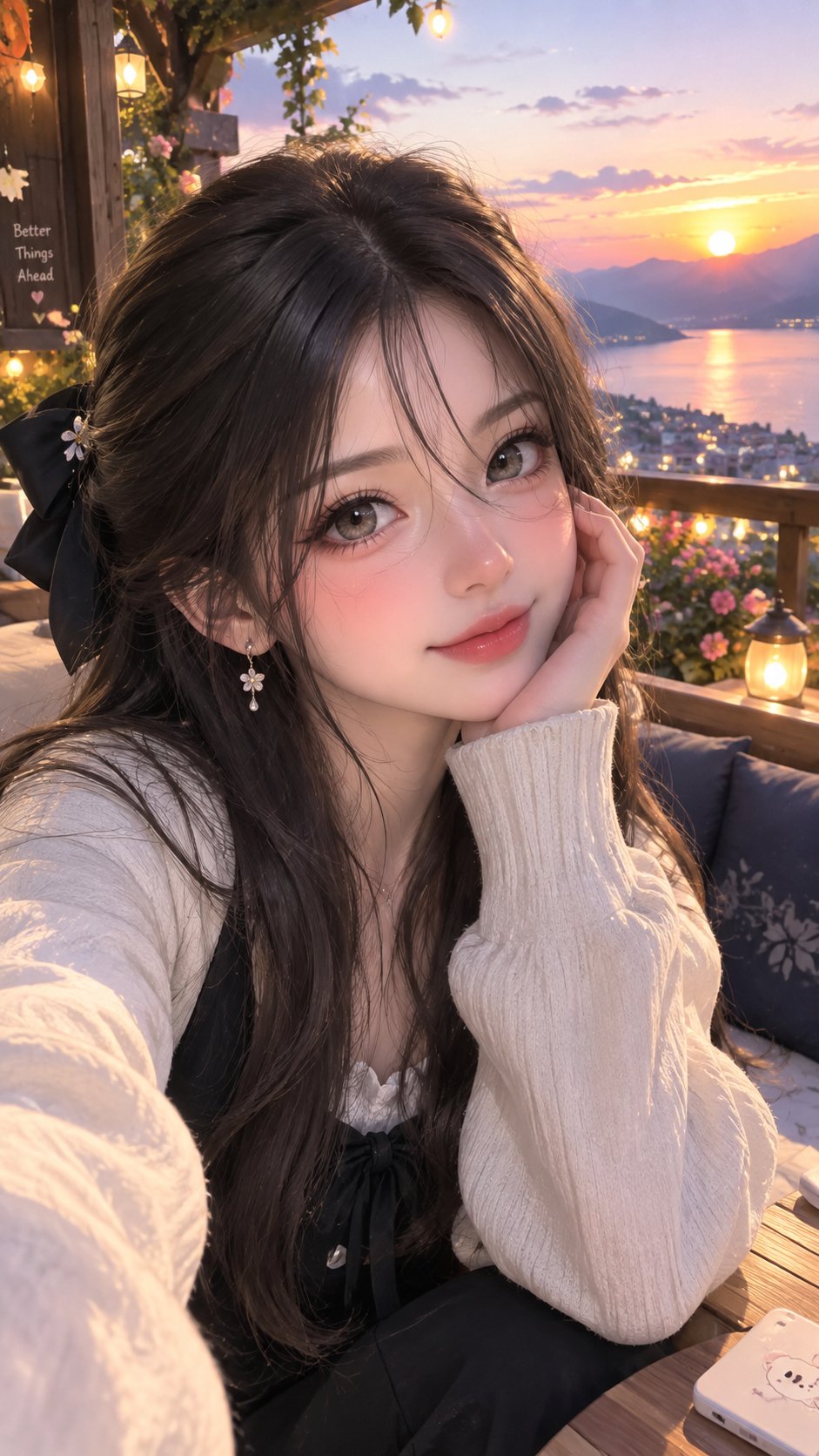 一幅高度细致、写实动漫风格的美丽年轻女性肖像，拥有令人难以置信的可爱而优雅的面容，柔和的瓷肌，自然的玫瑰色脸颊，光泽的粉色嘴唇，大而富有表现力的榛棕色眼睛，长而丝滑的深棕色头发，发丝柔软飘逸，发间系着 — AI image prompt — GPT Image 2