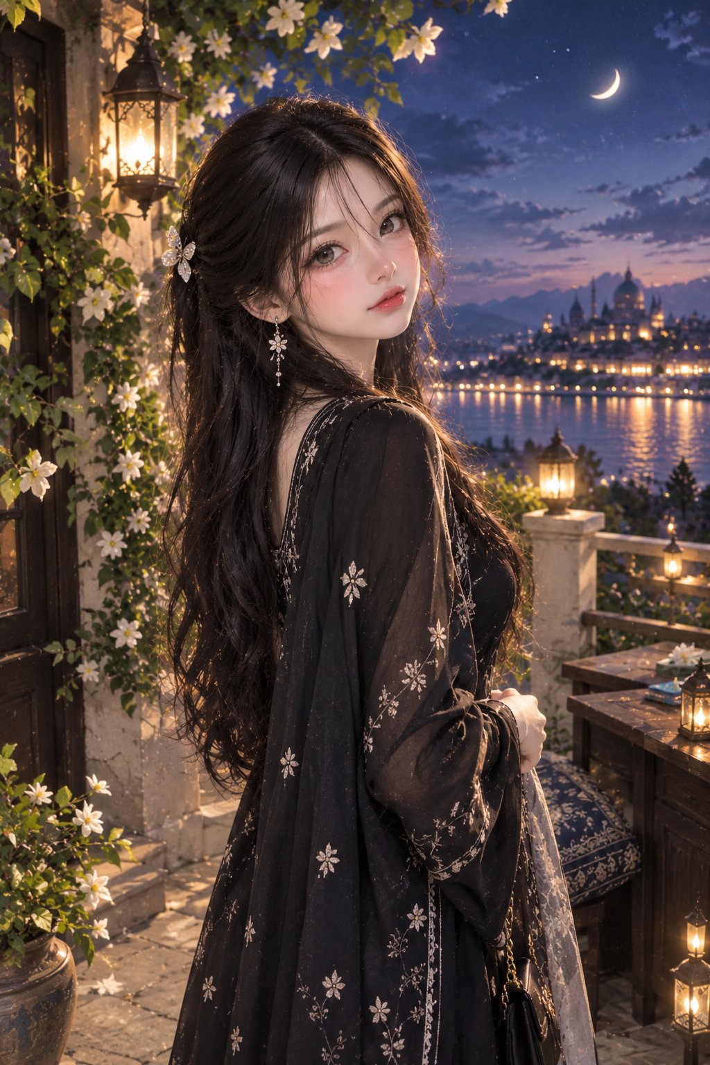 黄昏時の優雅な花に覆われたテラスに立つ、美しい若い女性の非常に詳細でシネマティックなファンタジーポートレート。彼女は長く自然なウェーブのかかったダークブラウンの髪、柔らかく輝く肌、表情豊かなヘーゼルブ — AI image prompt — GPT Image 2