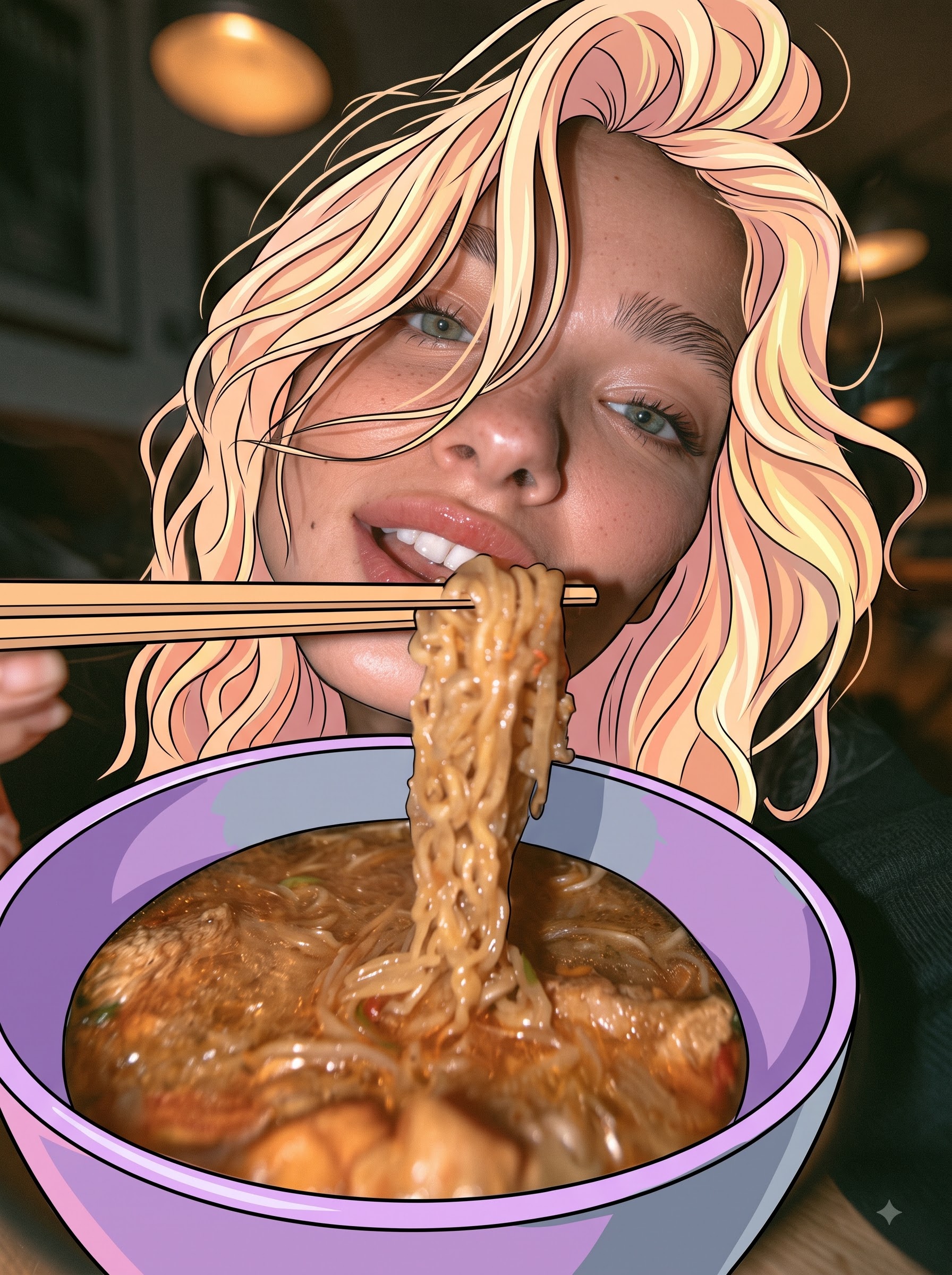 仅将她的头发、碗和筷子转换为2D手绘动漫插画风格，具有干净的线条、平涂赛璐璐阴影和鲜艳的柔和色彩。保持她的脸、皮肤、眼睛、嘴唇、面条、汤、背景、光照、姿势和构图与原始照片相同。 — AI image prompt — Nano Banana
