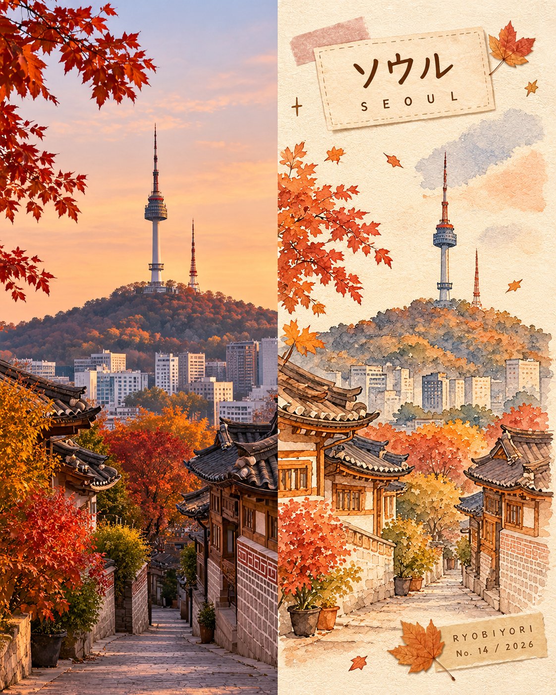 Autumn Watercolor Travel Journal Split Composition — AI image prompt — GPT Image 2.5 — Watercolor, Vintage, Landscape - 3