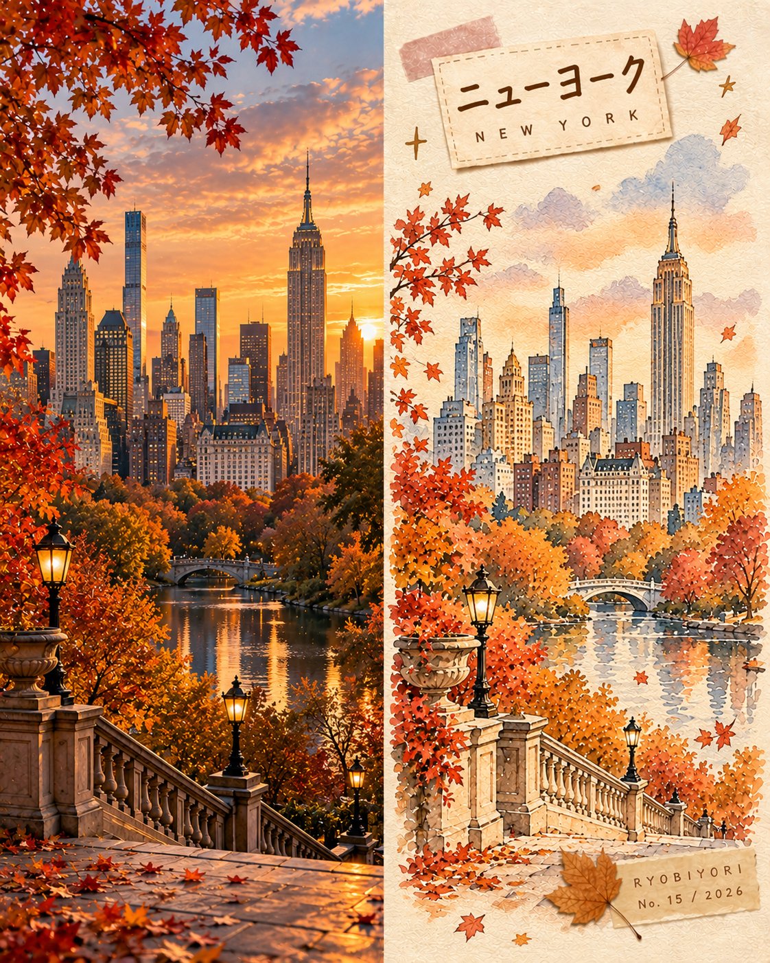 Autumn Watercolor Travel Journal Split Composition — AI image prompt — GPT Image 2.5 — Watercolor, Vintage, Landscape - 4