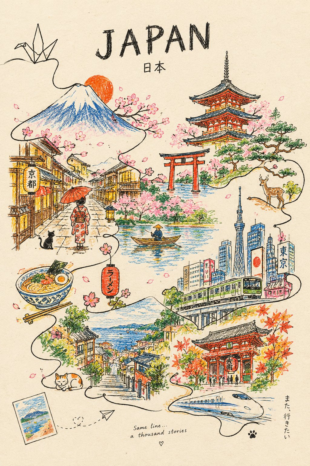 一筆書きの街並みクレヨンポスター — AI image prompt — GPT Image 2.5 — Poster, Minimalist, Cityscape - 2