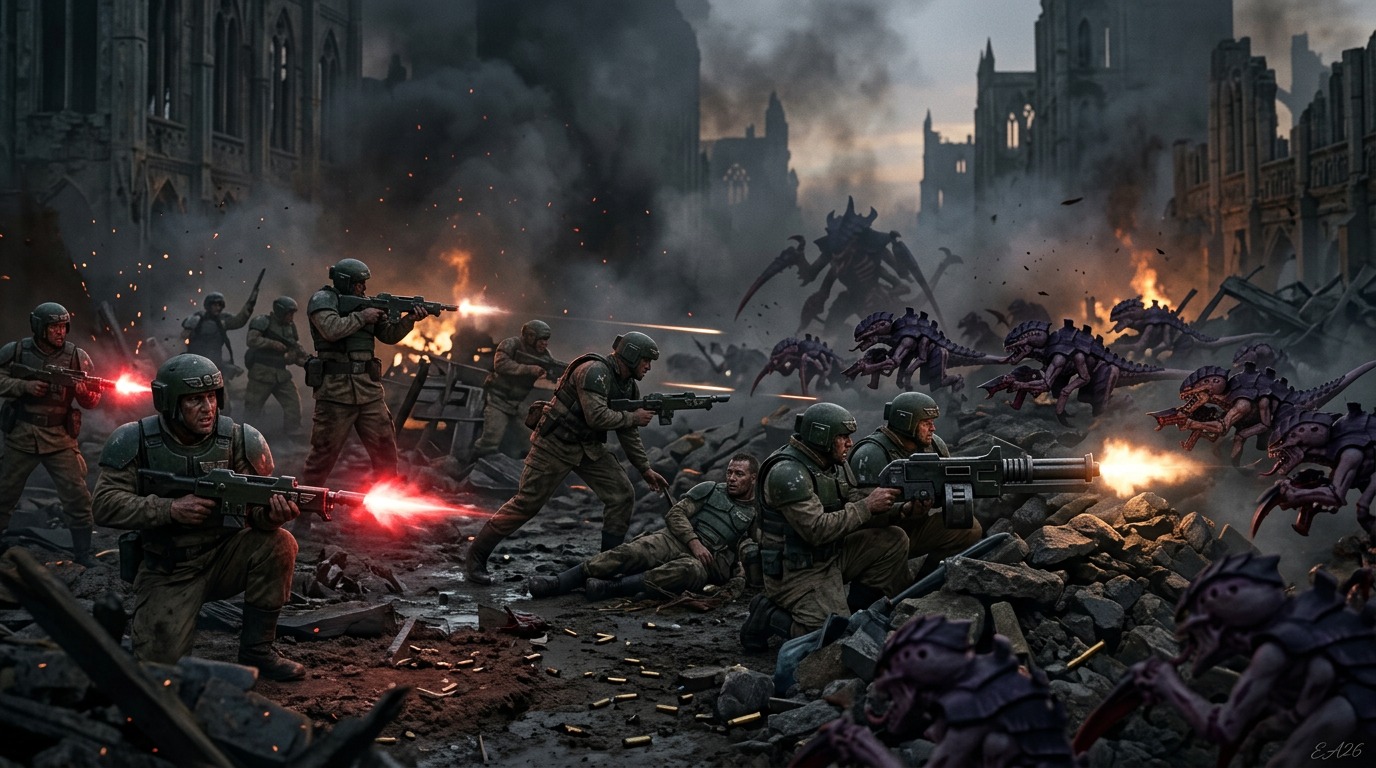 Astra Militarum Last Stand Against Tyranids — AI image prompt — Nano Banana — Gothic, Dramatic, Sci-Fi - 2