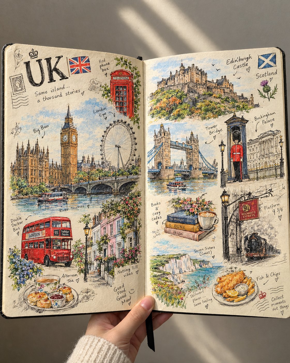 Handmade Travel Sketchbook Journal Spread — AI image prompt — GPT Image 2.5 — Watercolor, Vintage, Sketch - 2