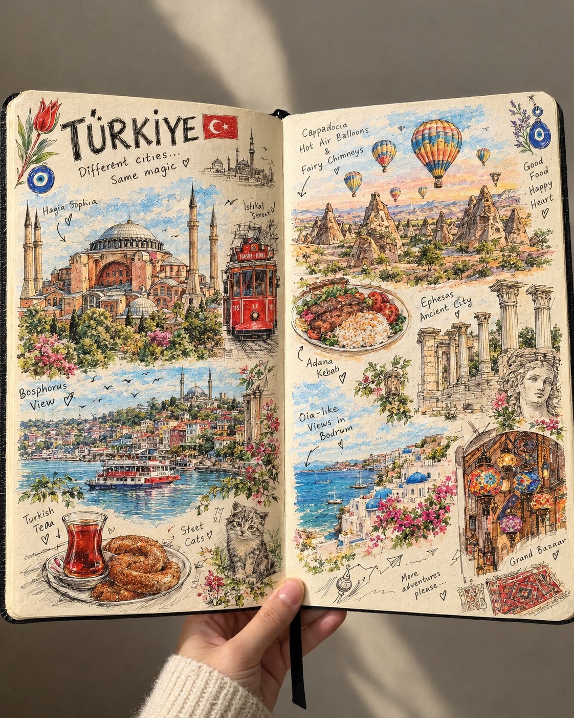 Handmade Travel Sketchbook Journal Spread — AI image prompt — GPT Image 2.5 — Watercolor, Vintage, Sketch - 3
