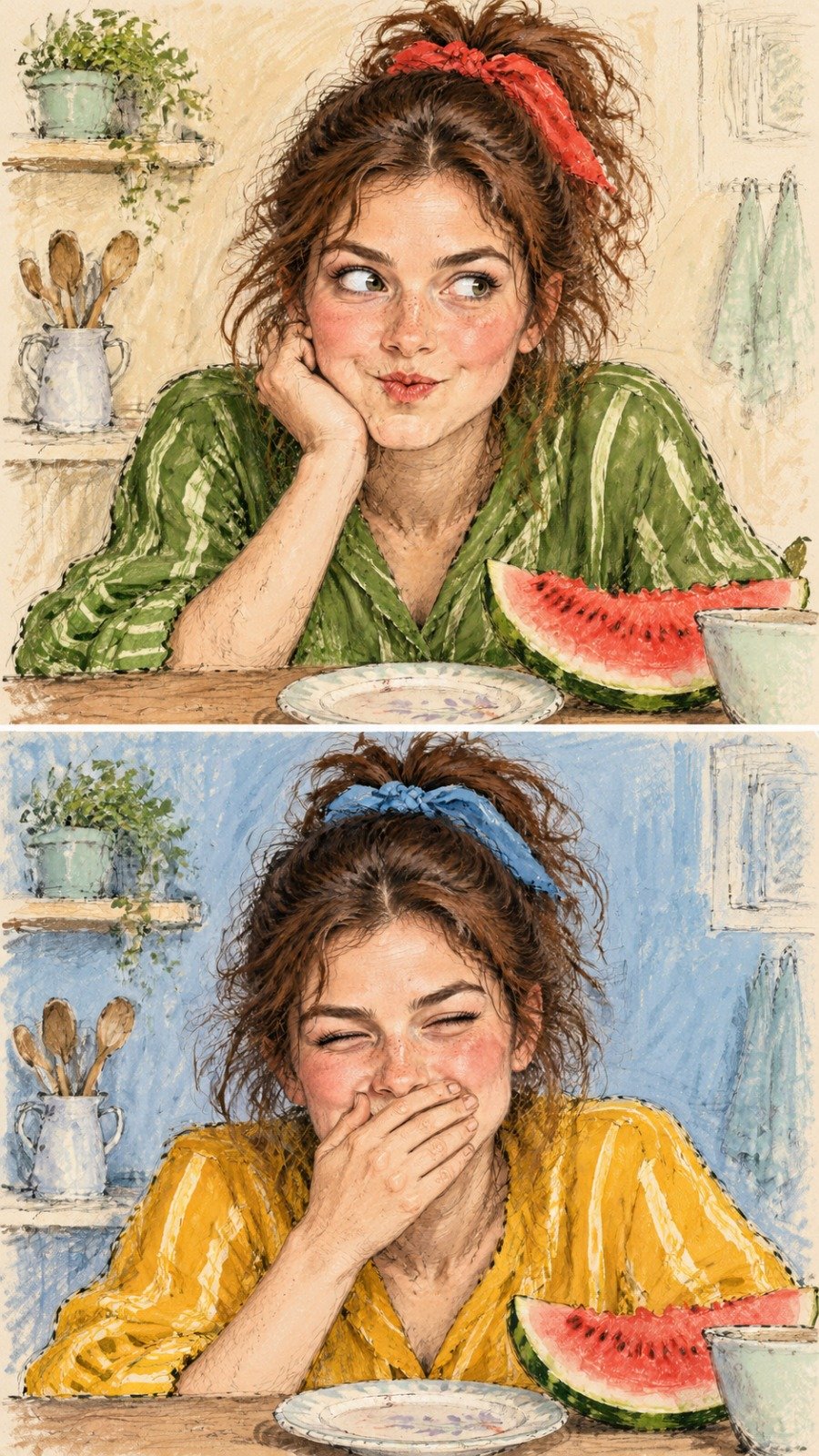 수박 먹는 여자 스케치 일러스트 — AI image prompt — GPT Image 2.5 — Character, Food, Portrait - 2