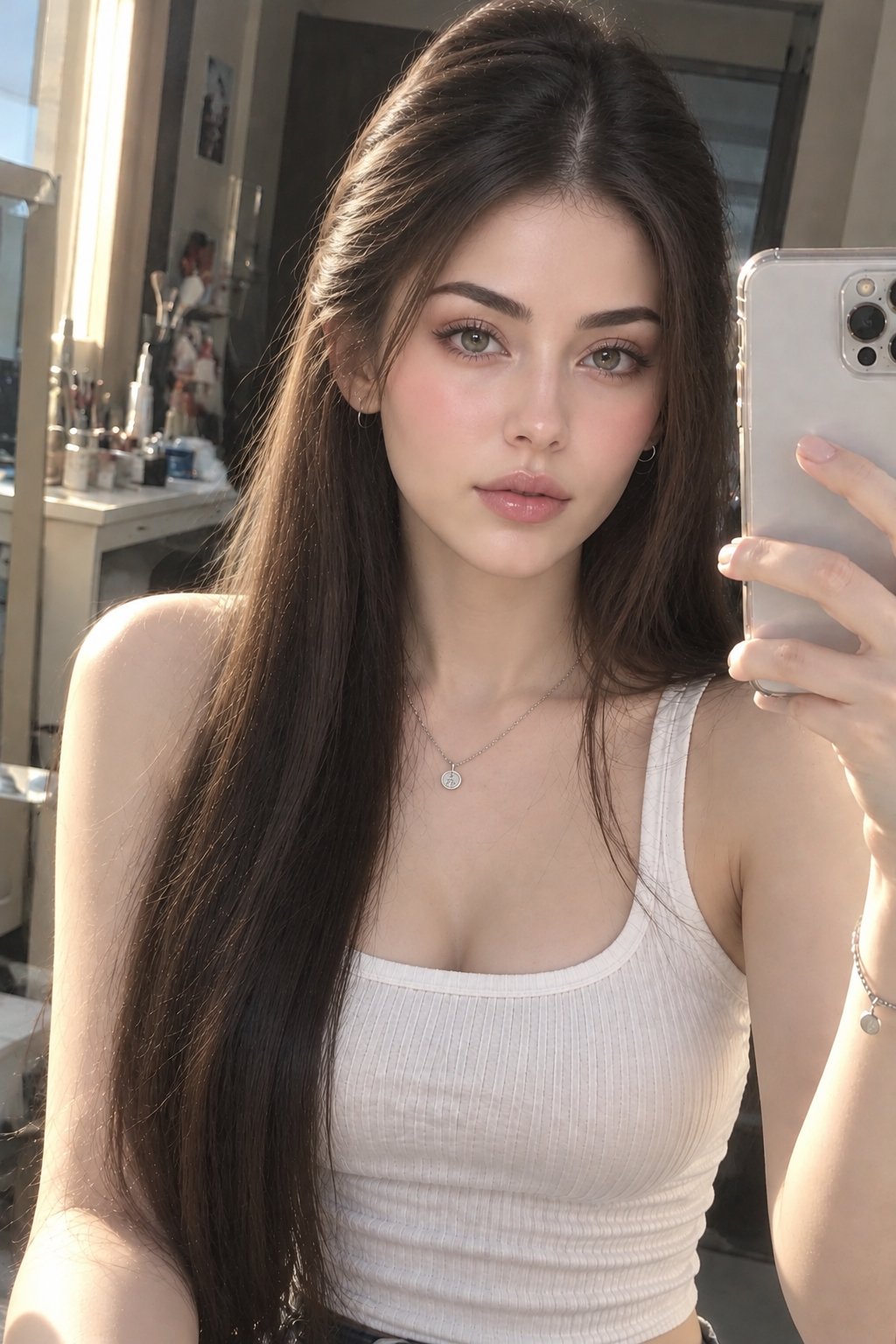 Created a picture, beautiful Korean girl, taking a realistic mirror selfie in a softly sunlit room.  — AI image prompt — GPT Image 2