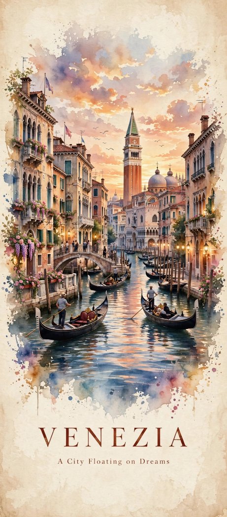 ドバイ・ヴェネツィア水彩トラベルエディトリアル — AI image prompt — Grok Imagine 2 — Poster, Watercolor, Landscape - 4