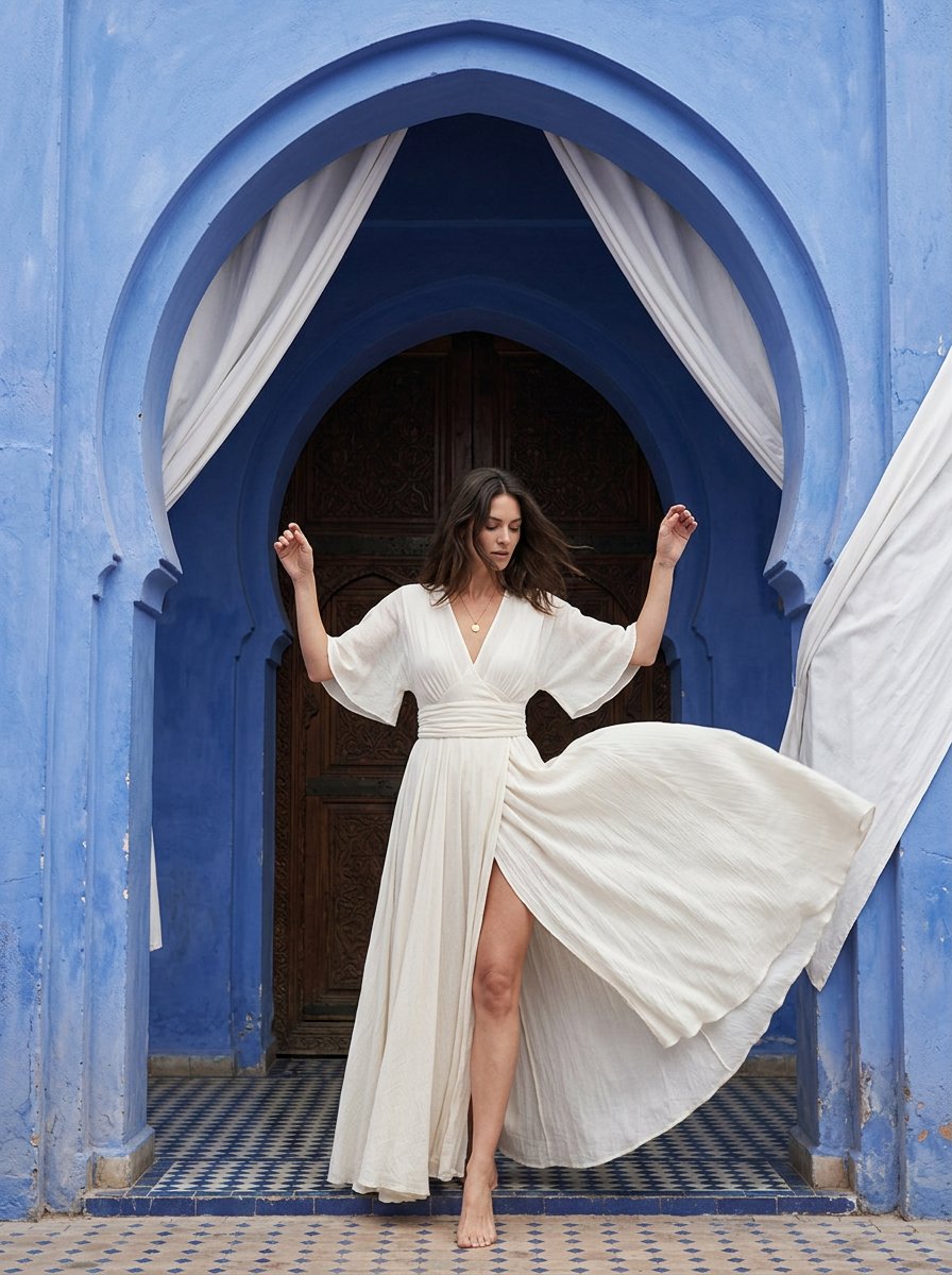Create a vertical fashion editorial built around an adult woman appearing small inside a monumental  — AI image prompt — Nano Banana