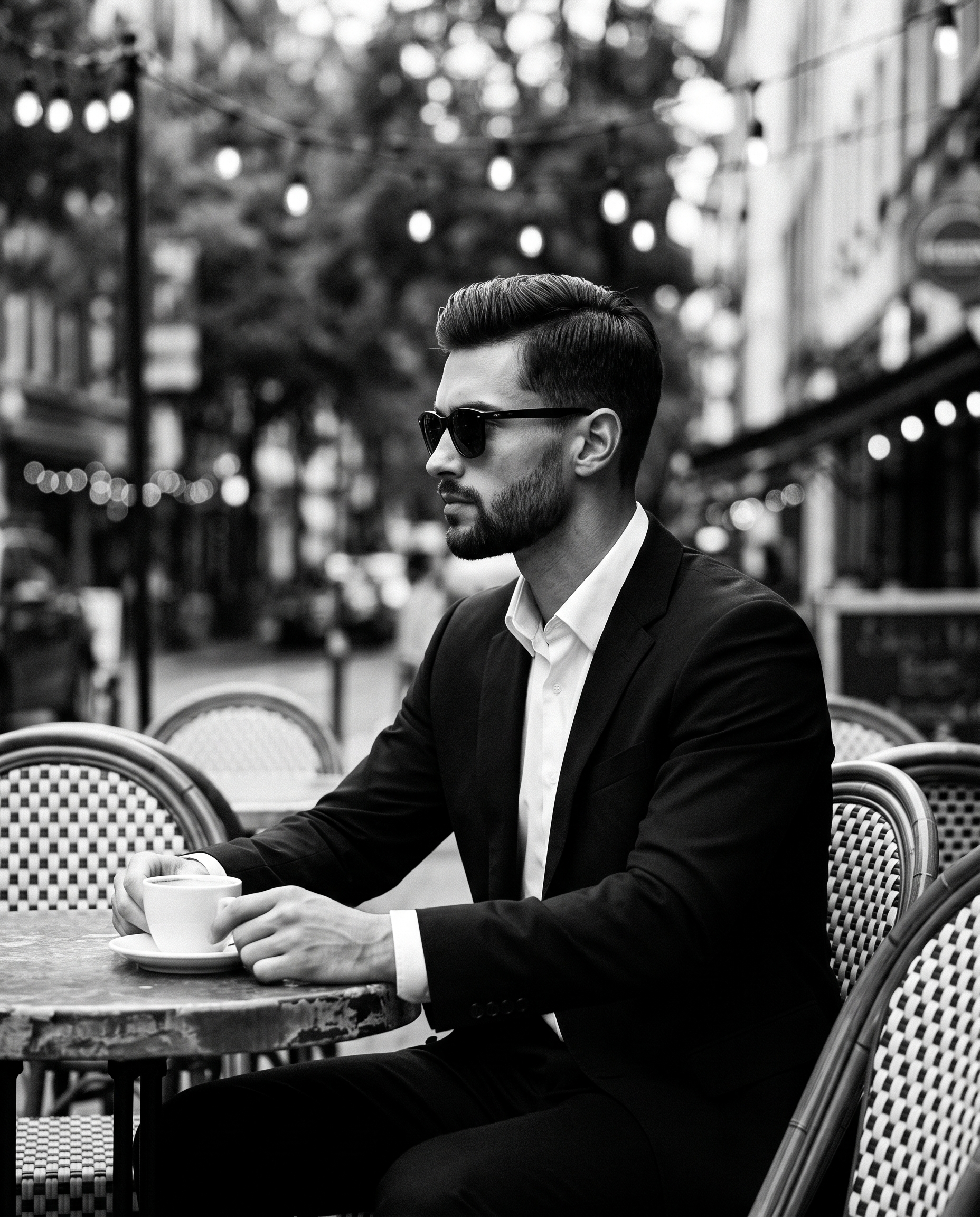 A man dressed in a sharp black suit and crisp white shirt sits positioned center-left in a strict pr — AI image prompt — Nano Banana