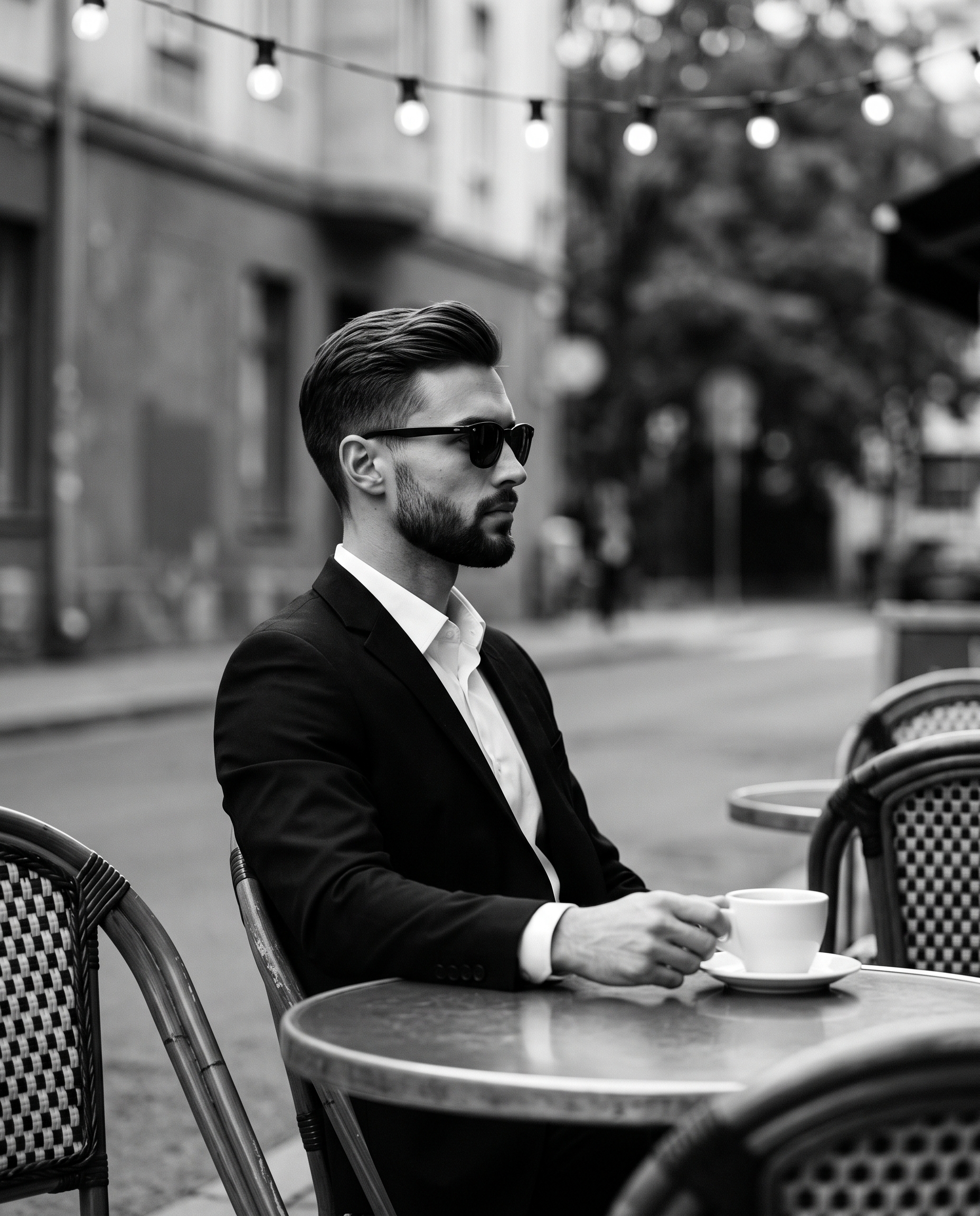 Monochrome Man at Outdoor Cafe — AI image prompt — Nano Banana — Cinematic, Vintage, Realistic - 2