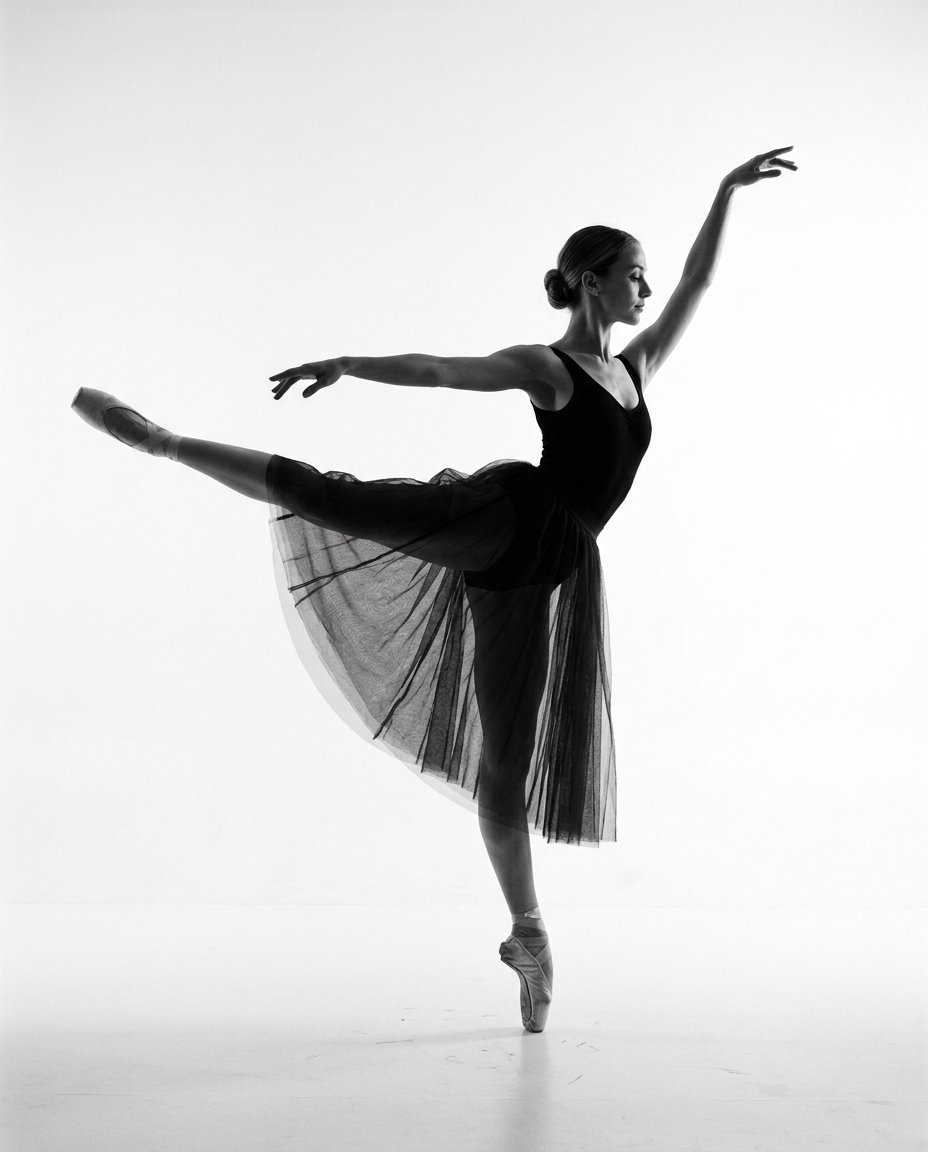 Fine-art black and white photograph of a belle dancer , clean white background, high-key studio ligh — AI image prompt — Nano Banana