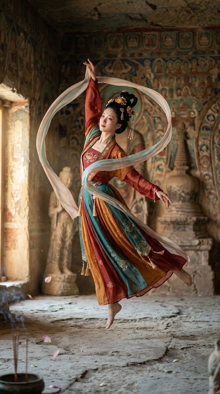 敦煌飛天壁画の舞姫 — AI image prompt — GPT Image 2.5 — Cinematic, Fantasy, Portrait - 2