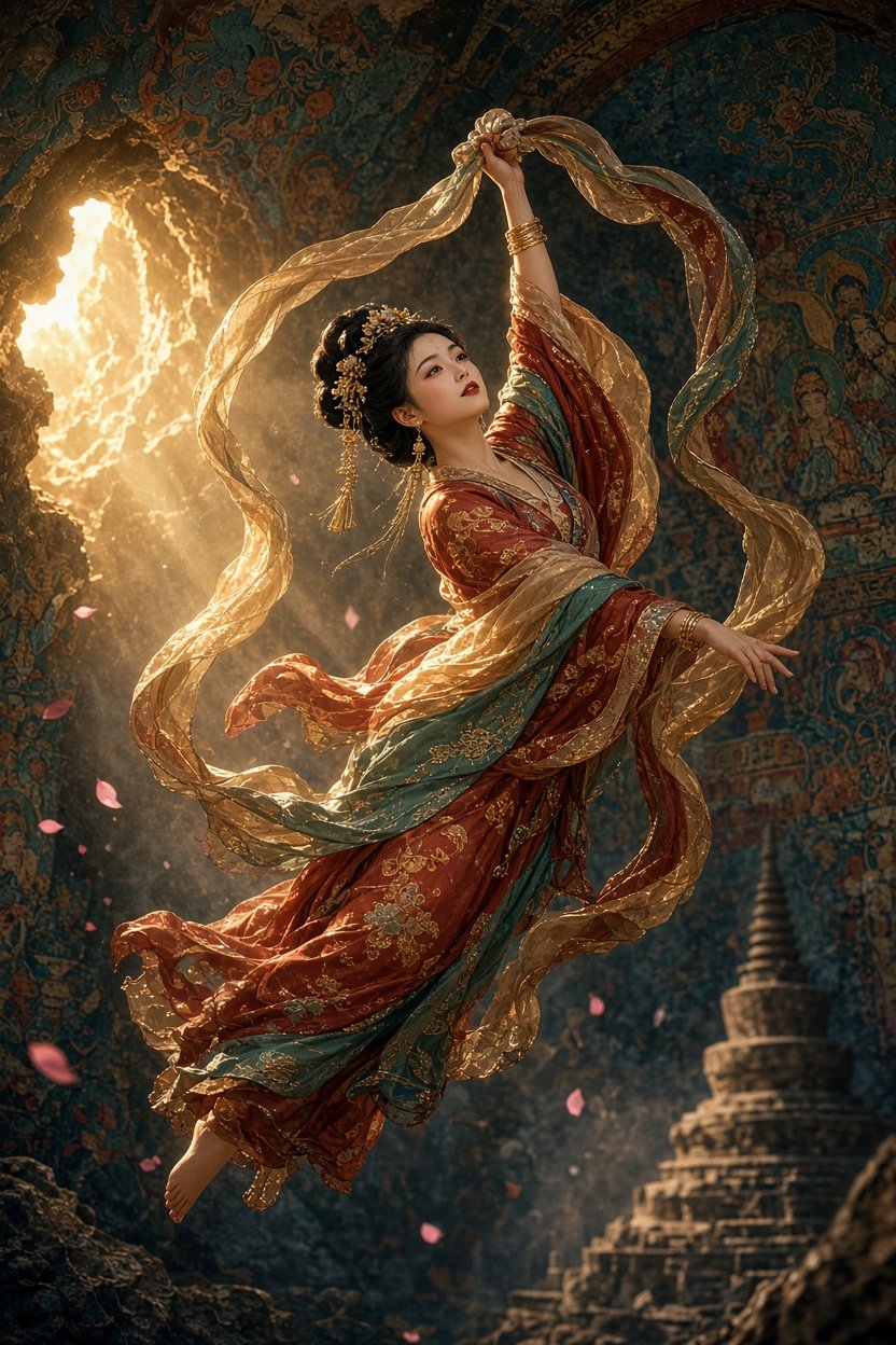敦煌飛天壁画の舞姫 — AI image prompt — GPT Image 2.5 — Cinematic, Fantasy, Portrait - 3