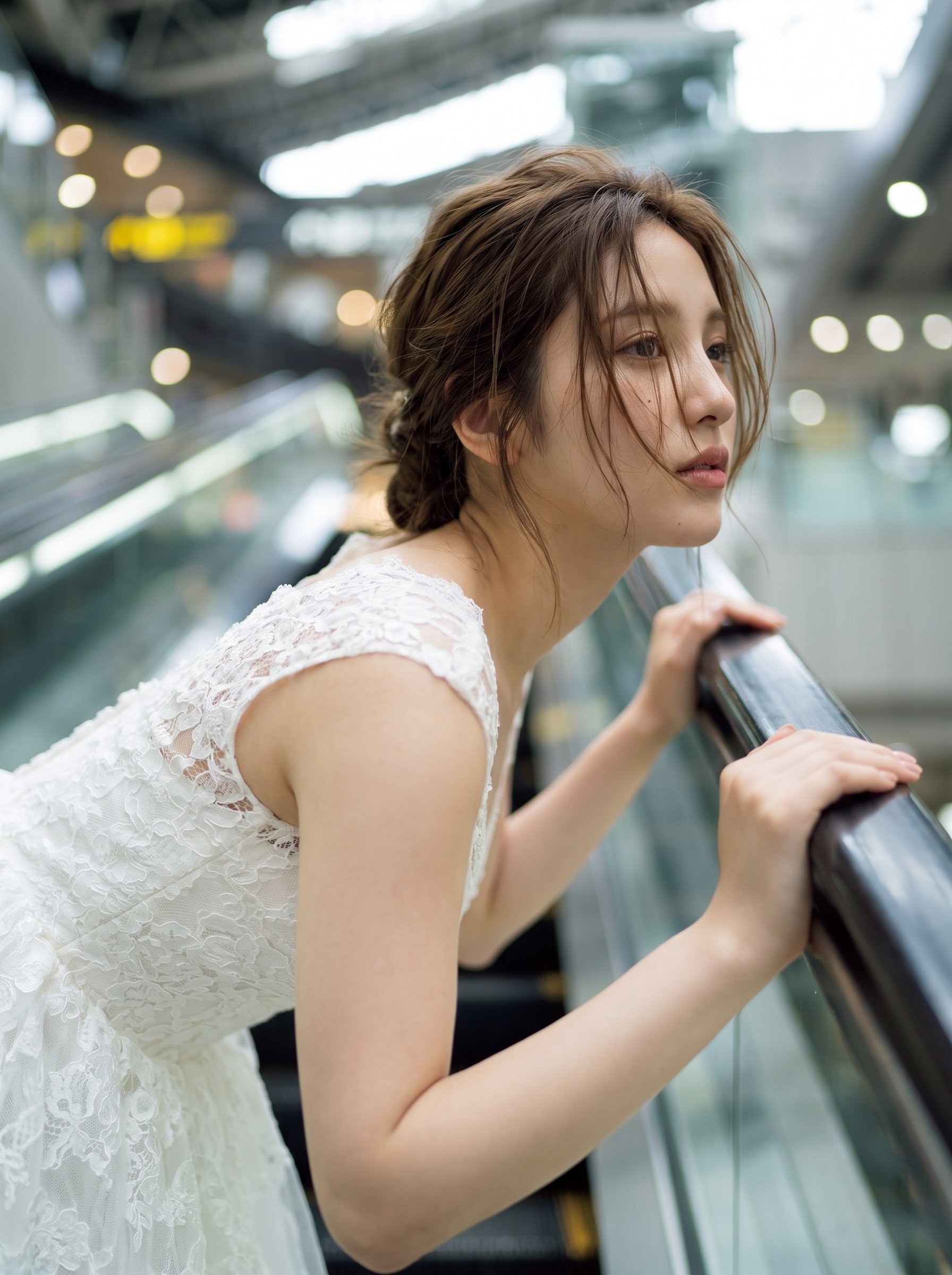Bride on Osaka Station Escalator — AI image prompt — Nano Banana Pro — Cinematic, Fashion, Portrait - 2