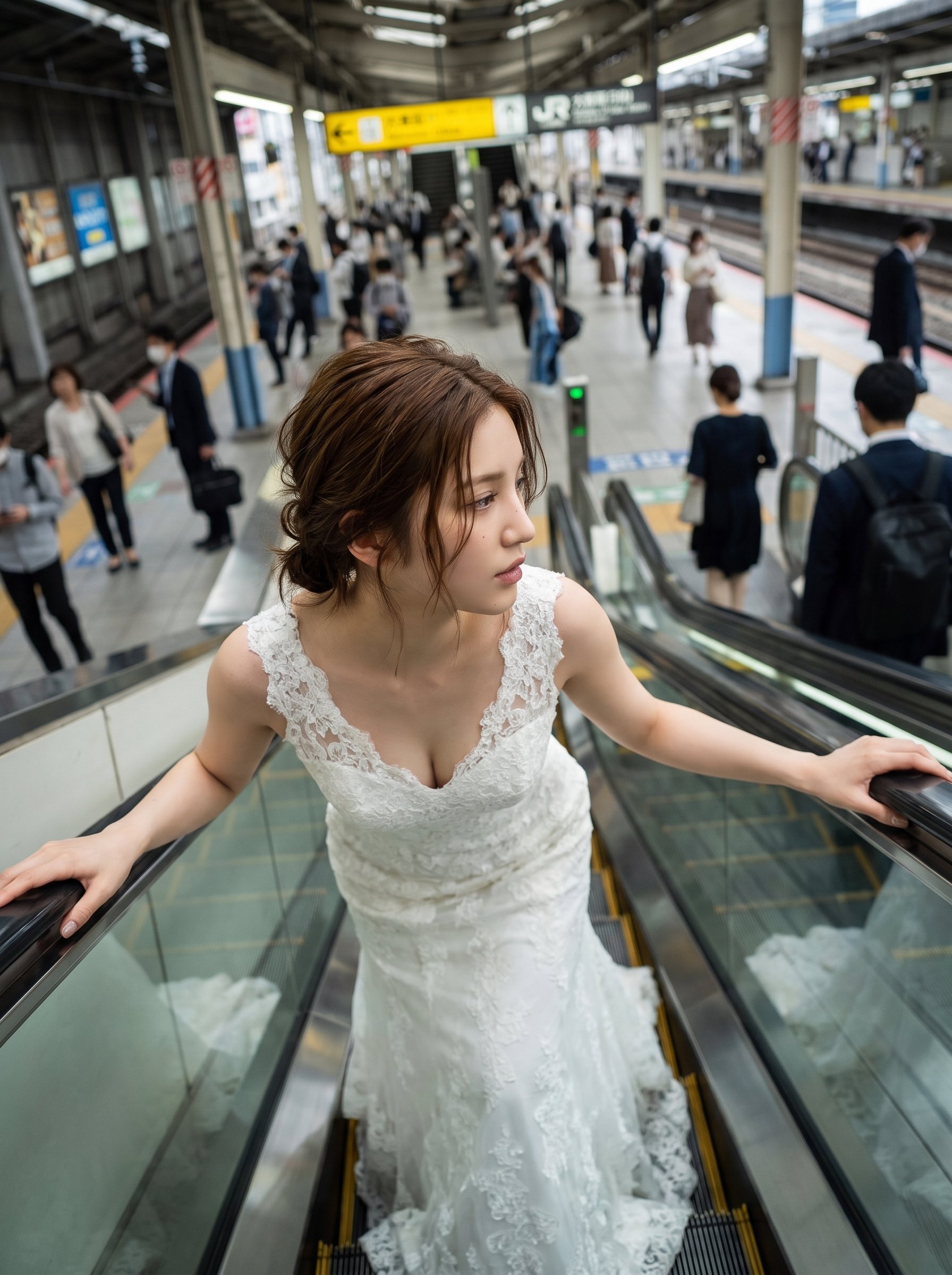 Bride on Osaka Station Escalator — AI image prompt — Nano Banana Pro — Cinematic, Fashion, Portrait - 3