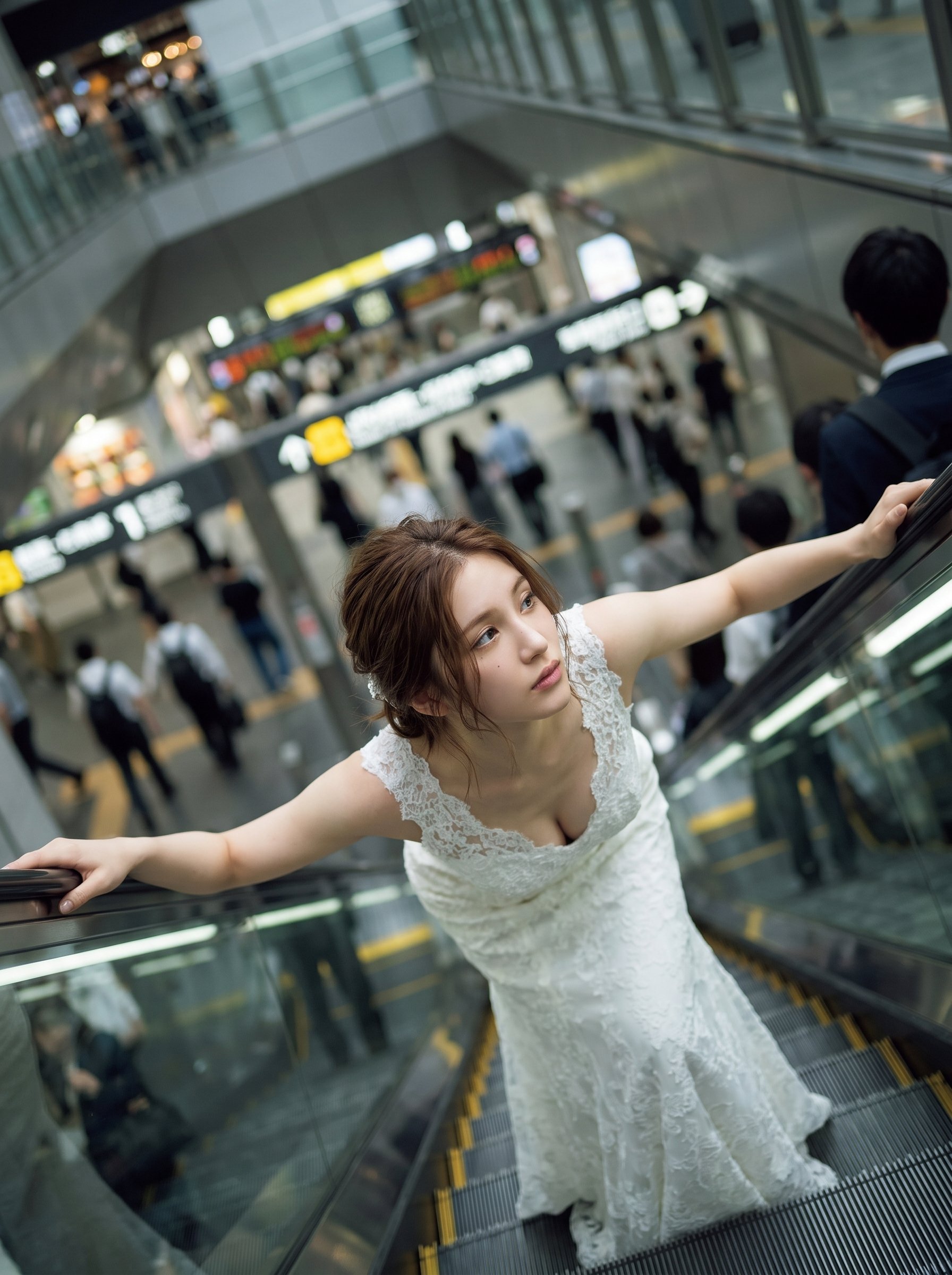 Bride on Osaka Station Escalator — AI image prompt — Nano Banana Pro — Cinematic, Fashion, Portrait - 4