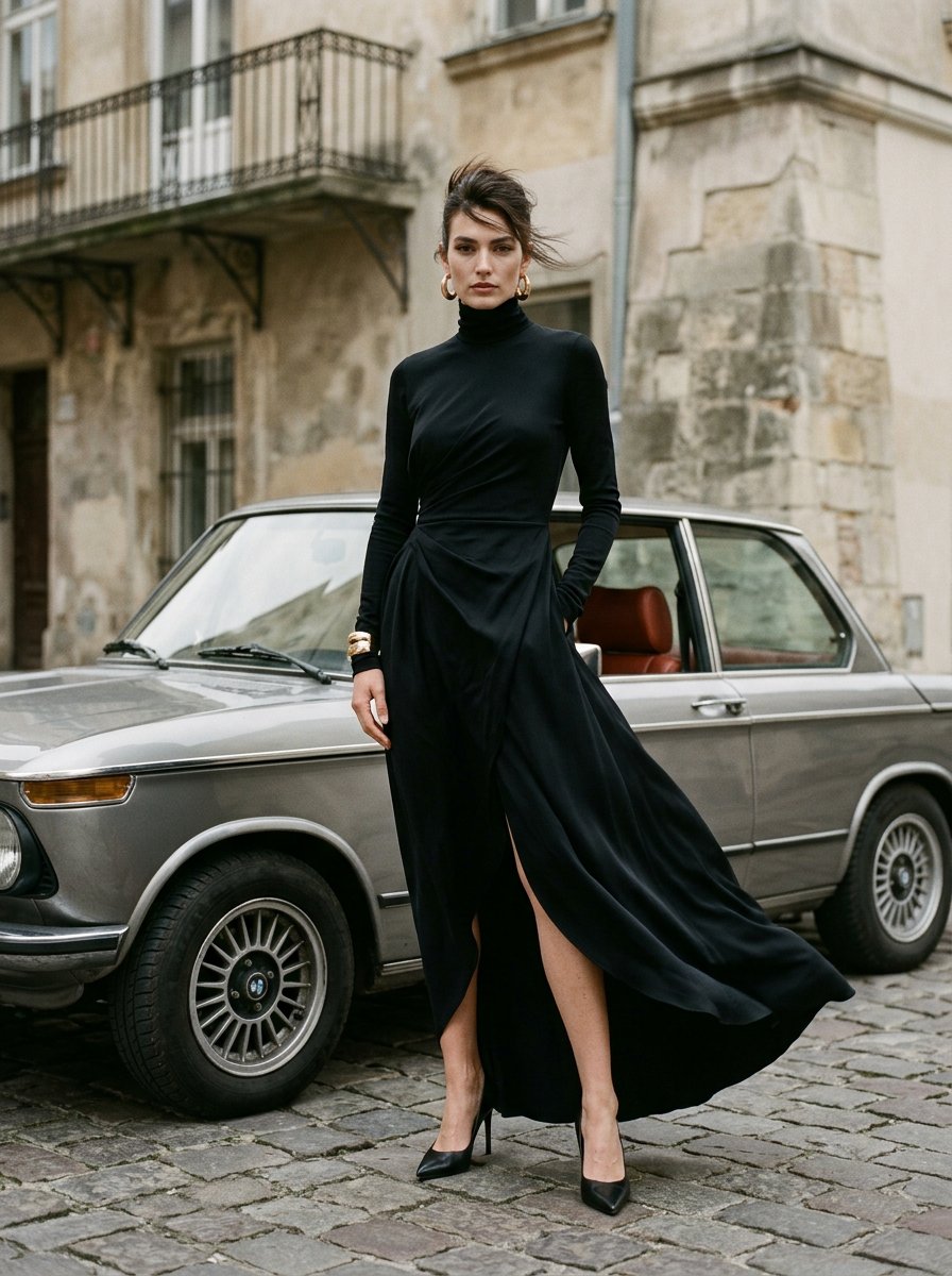 High-fashion editorial photography, a tall model standing confidently in front of a vintage BMW car  — AI image prompt — Nano Banana