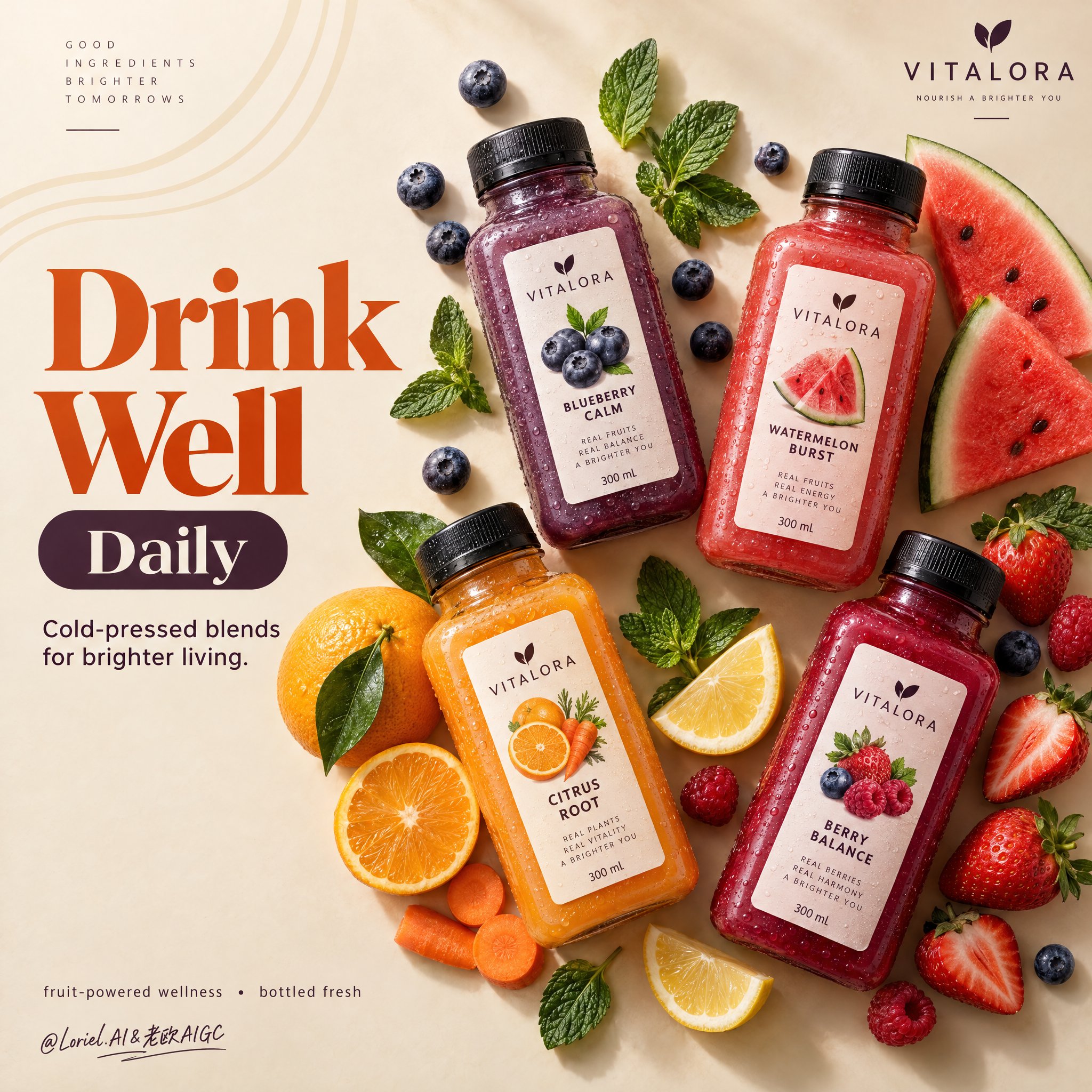 LUSHORA Cold-Pressed Drink Flat Lay Poster — AI image prompt — GPT Image 2.5 — Product Photography, Advertising, Minimalist - 2