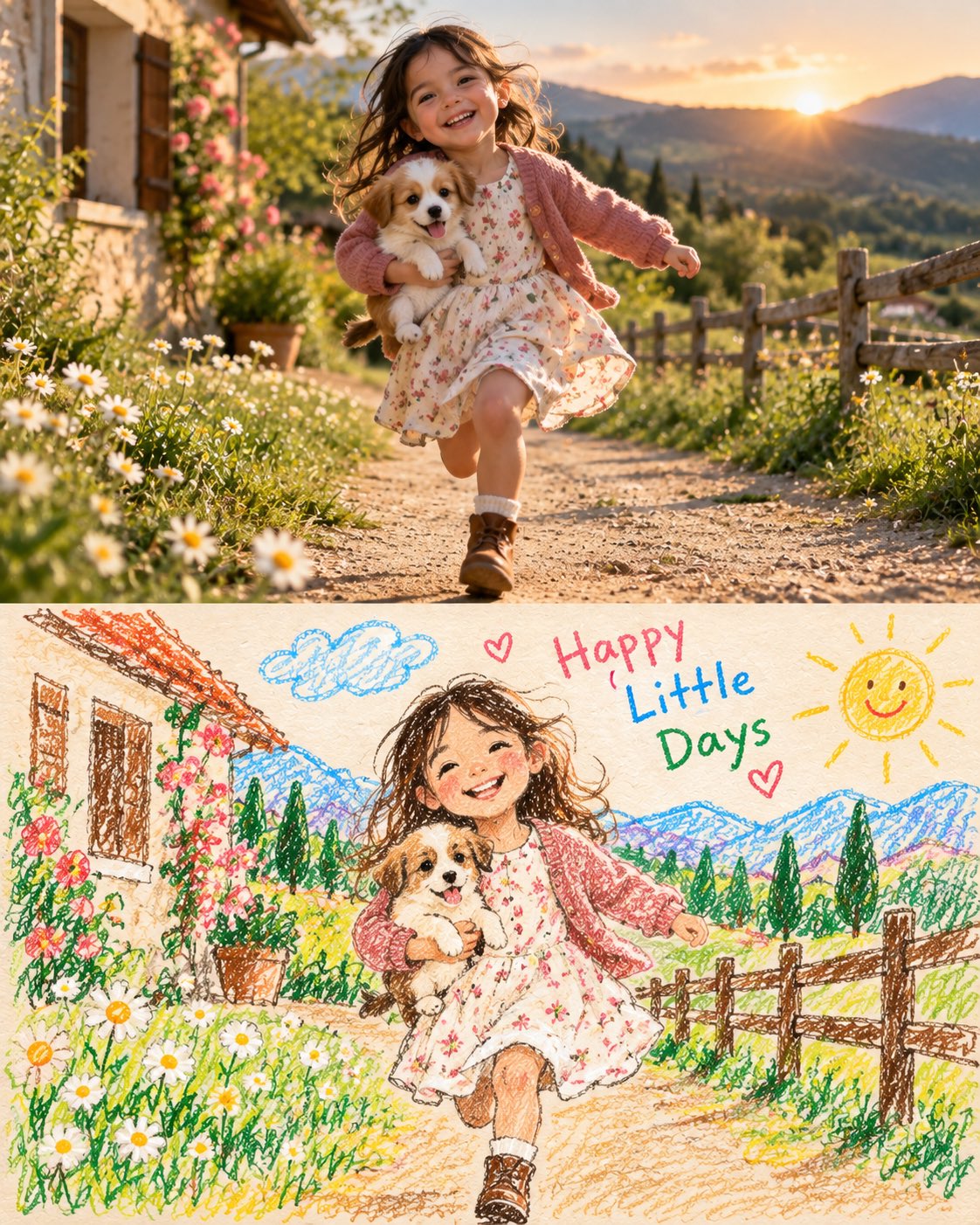 사진과 크레파스 그림 콜라주 — AI image prompt — GPT Image 2.5 — Nature, Realistic, Portrait - 2