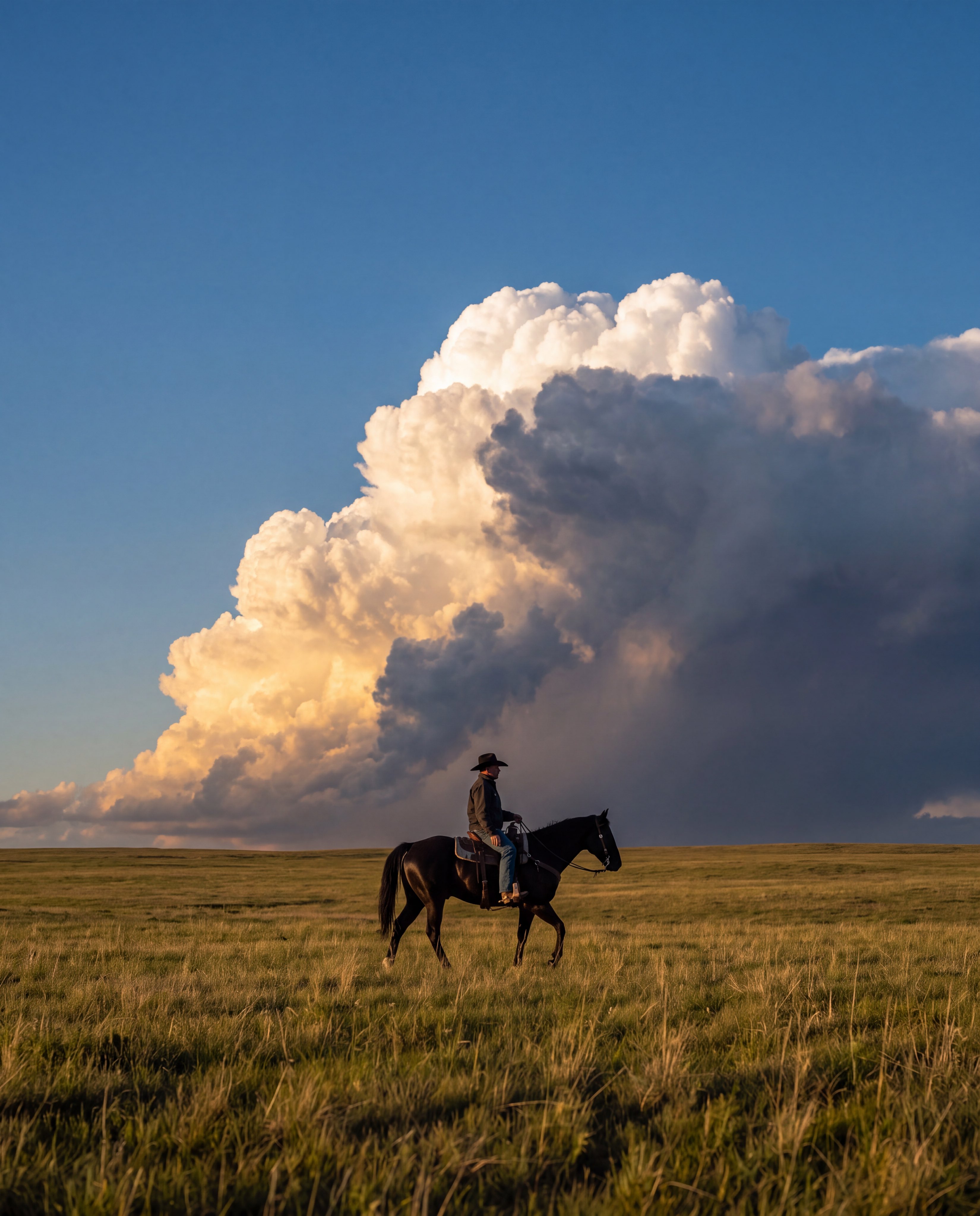 Vertical landscape photography, vast grassland horizon, a cowboy with black wide-brim hat riding a d — AI image prompt — Nano Banana