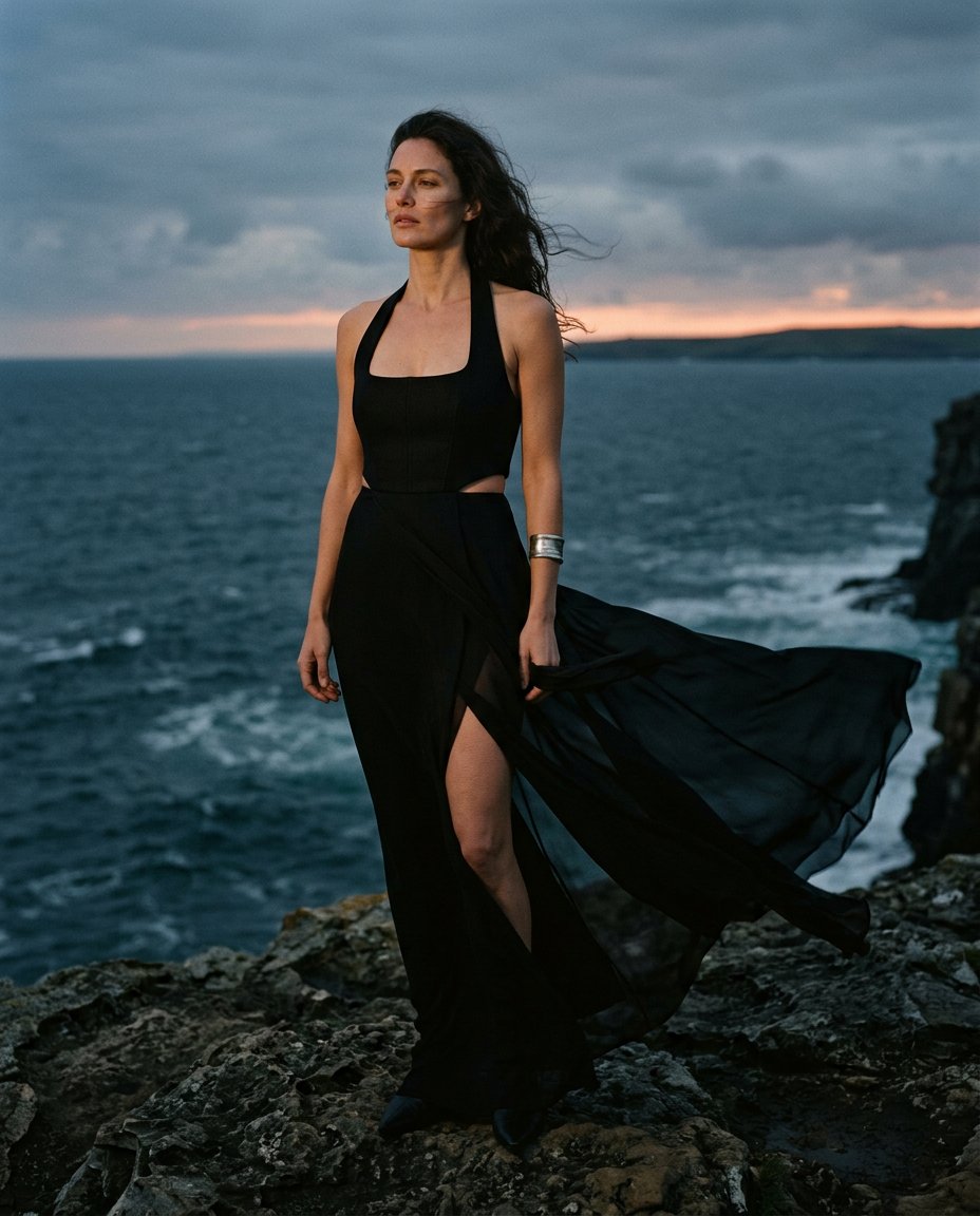 Create a vertical fashion editorial on a windswept coastal cliff at the final edge of daylight, buil — AI image prompt — Nano Banana