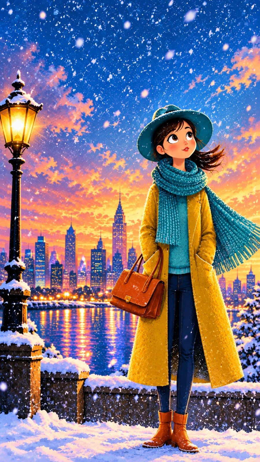 夕暮れの雪の街に立つ、かわいい若いカートゥーン女性の美しい2D絵本風イラスト、全身が見える。大きな表情豊かな茶色の目、バラ色の頬、風になびくダークブラウンのボブヘア、ティール色のつば広ハット、鮮やかな — AI image prompt — GPT Image 2.5