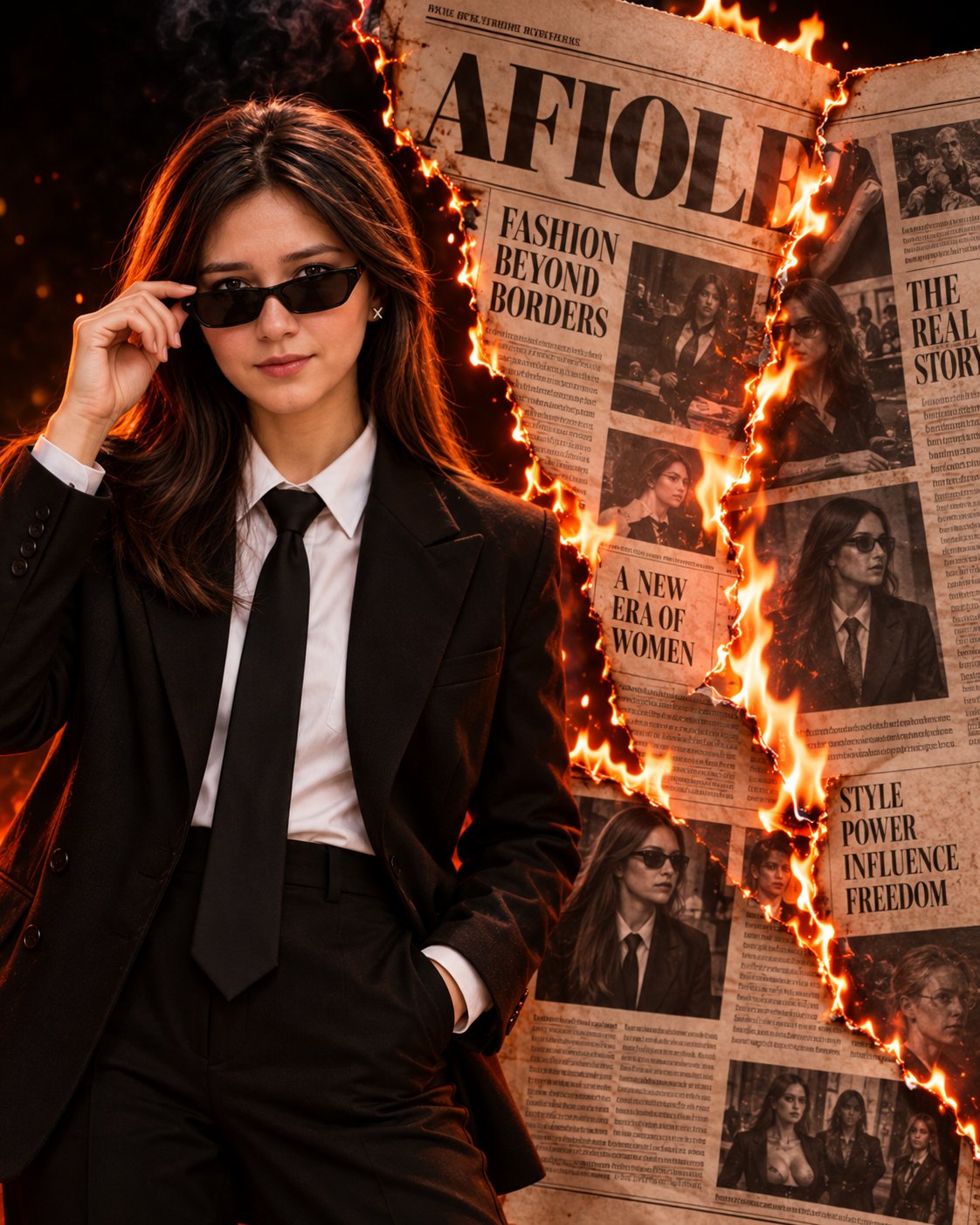 Burning Newspaper Fashion Editorial Portrait — AI image prompt — GPT Image 2.5 — Dramatic, Cinematic, Fashion - 2