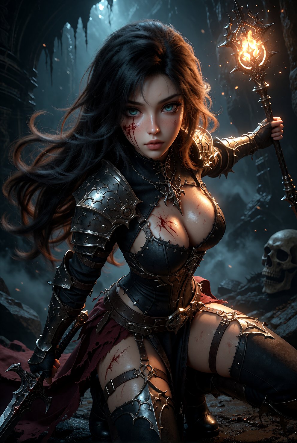 세미 리얼리즘 3D CG 렌더, 하이엔드 CGI 게임 시네마틱 컷신, 서브서피스 스캐터링 피부를 적용한 PBR 머티리얼, 글로벌 일루미네이션, 포토리얼리스틱 머티리얼이지만 스타일라 — AI image prompt — FLUX 3