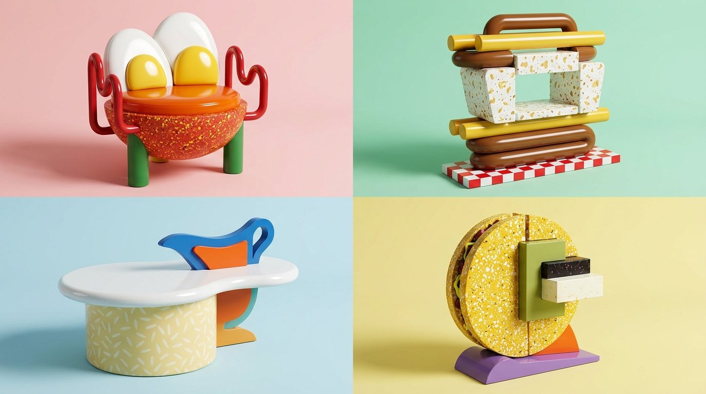 孟菲斯风格食物家具网格 — AI image prompt — Nano Banana 2.1 — Pop Art, 3D Render, Vintage - 3