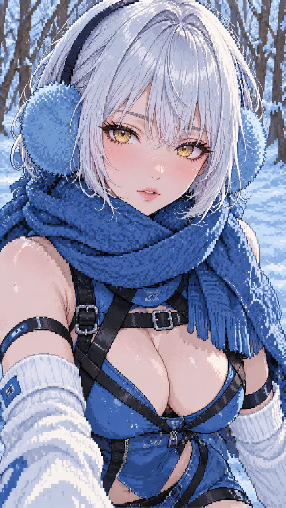 pixel art, anime style, close-up portrait of a young woman with short silver-white hair and bangs, g — AI image prompt — Grok Imagine 2