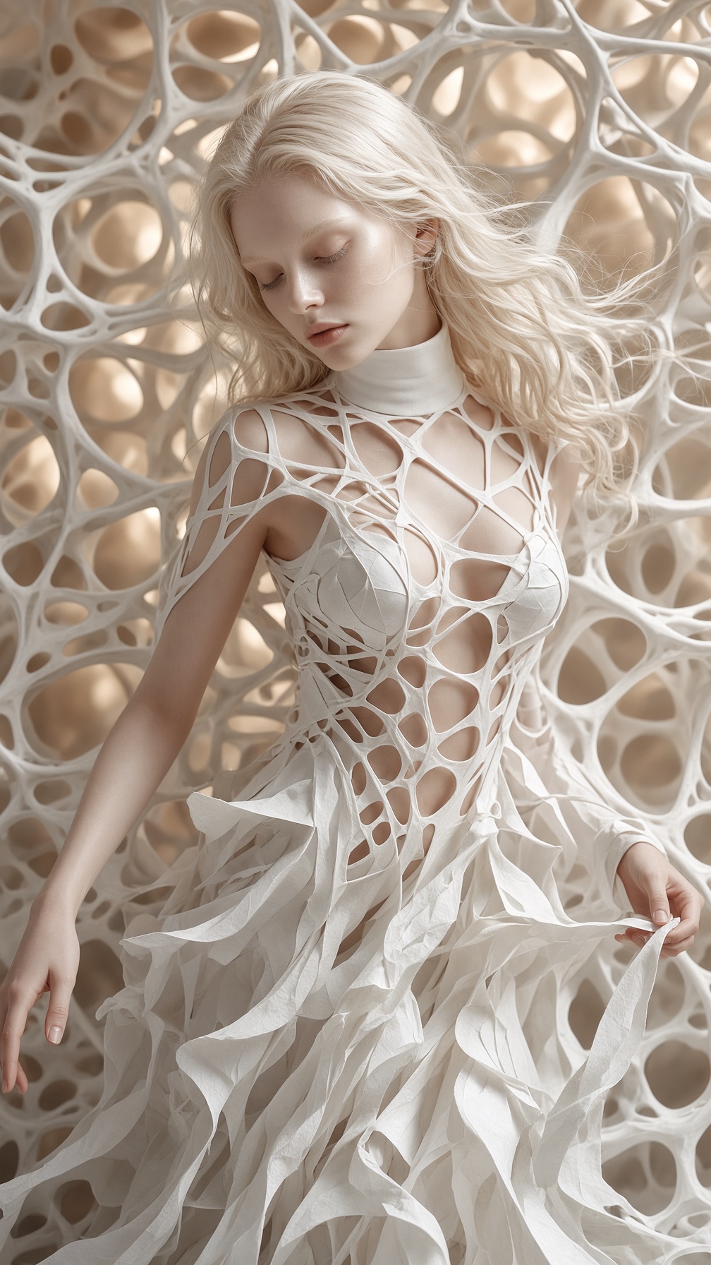 Pale Woman in White Lattice Wall — AI image prompt — Grok Imagine 2 — Fashion, Ethereal, Portrait - 2